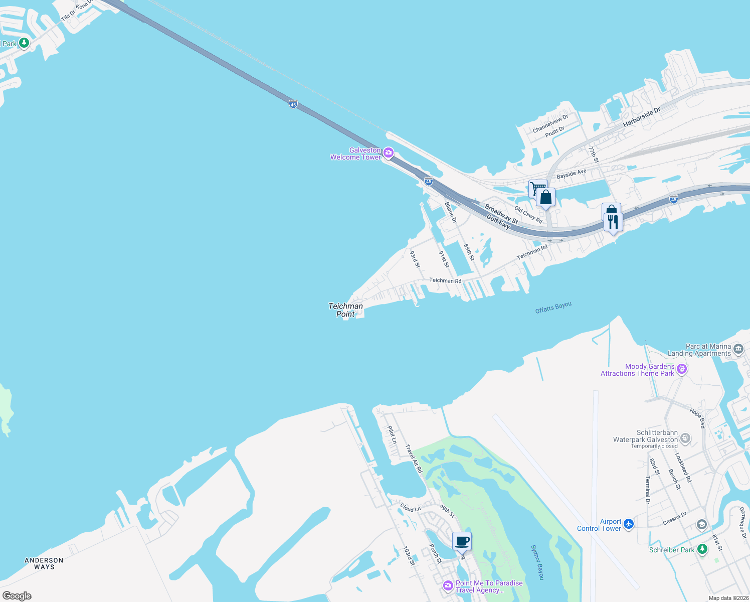map of restaurants, bars, coffee shops, grocery stores, and more near 9625 Teichman Road in Galveston
