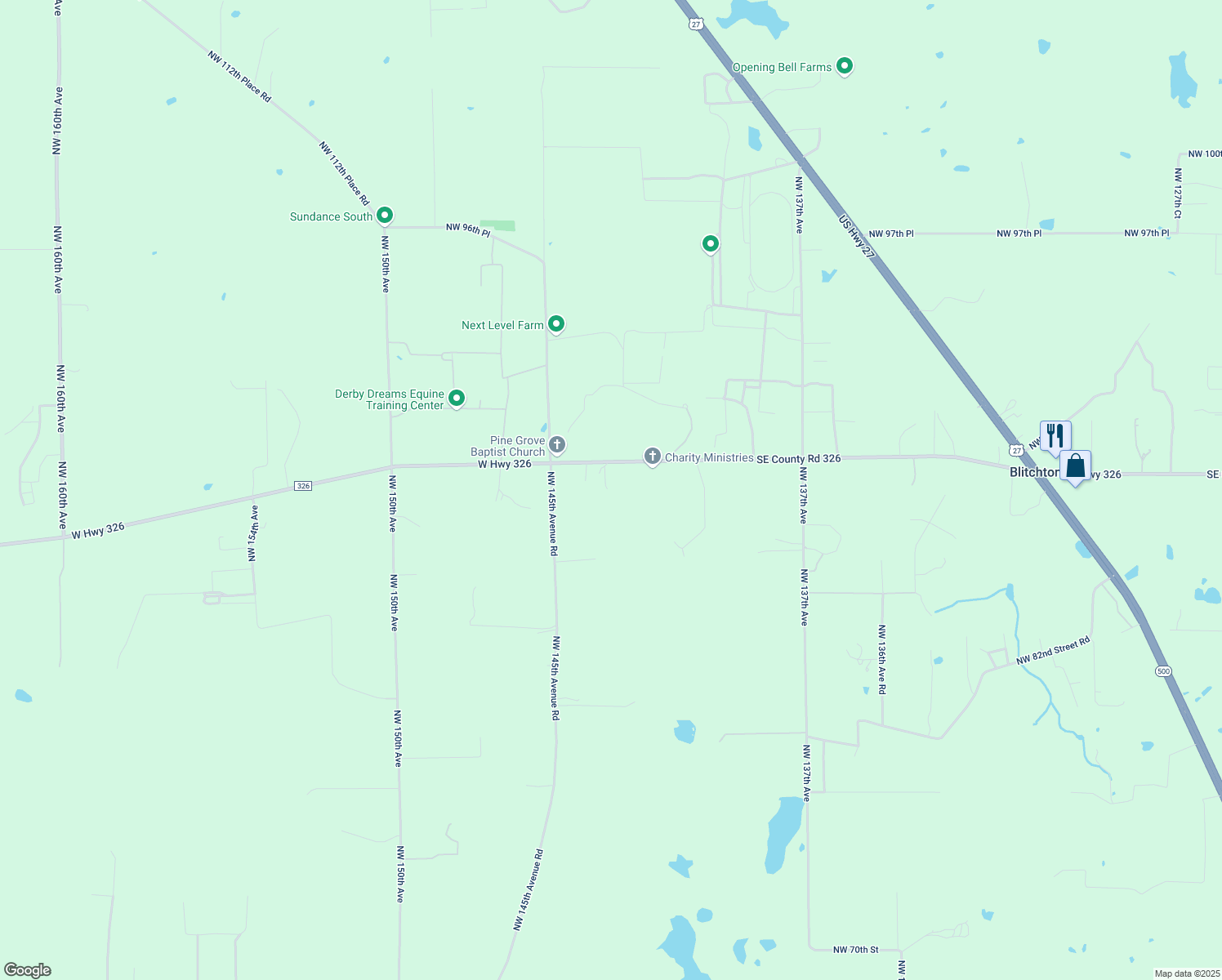 map of restaurants, bars, coffee shops, grocery stores, and more near 14306 County Road 326 in Morriston