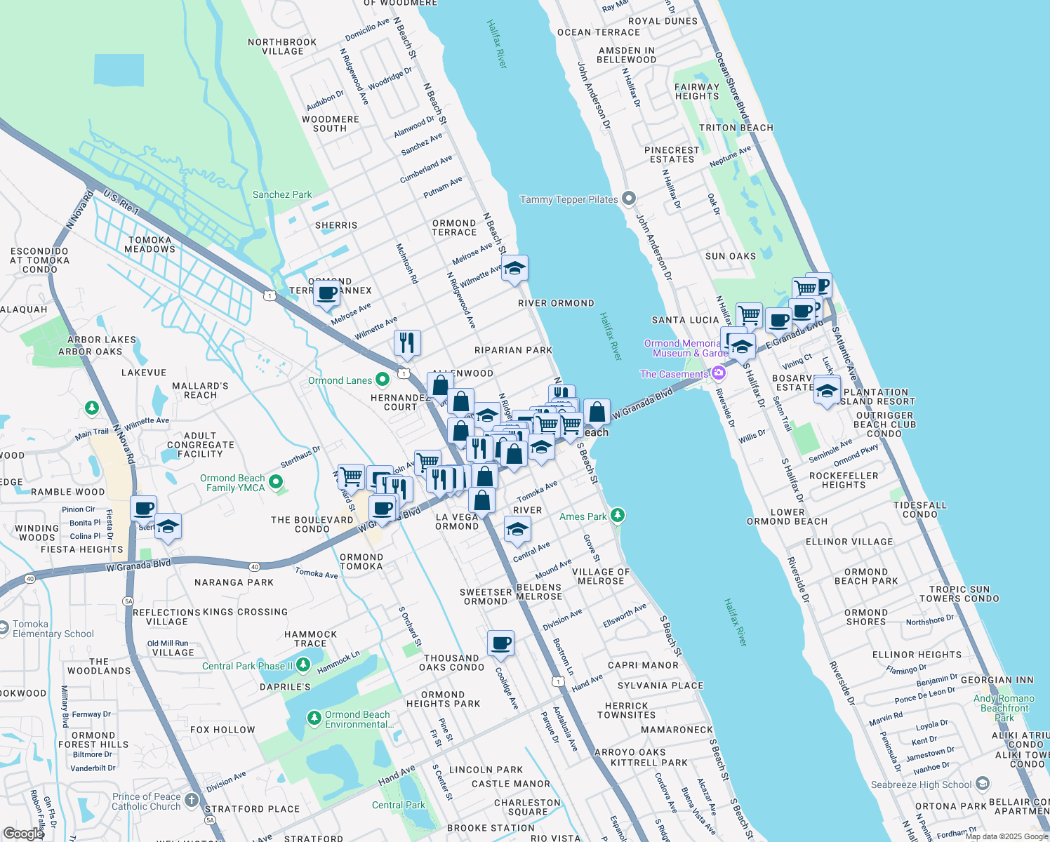 map of restaurants, bars, coffee shops, grocery stores, and more near 84 Lincoln Avenue in Ormond Beach