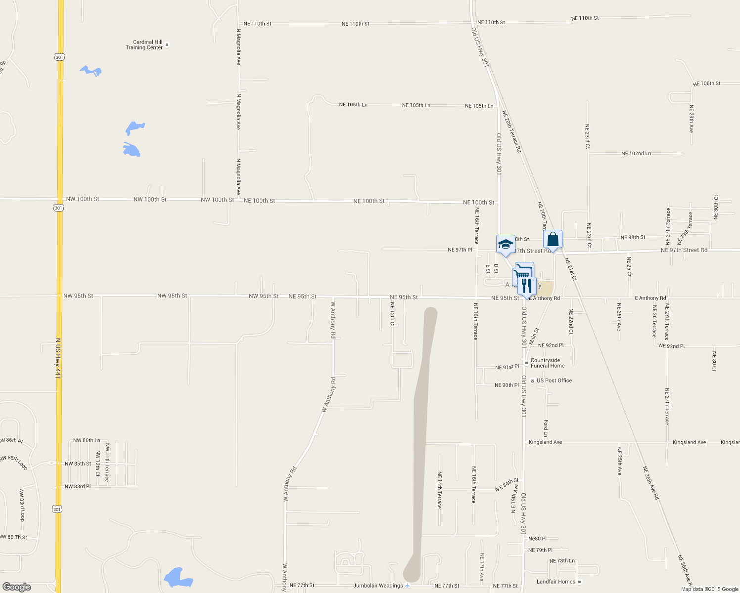 map of restaurants, bars, coffee shops, grocery stores, and more near 151 Northeast 95th Street in Ocala