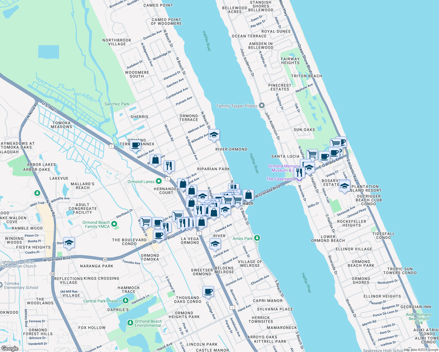 map of restaurants, bars, coffee shops, grocery stores, and more near 36 Dix Avenue in Ormond Beach