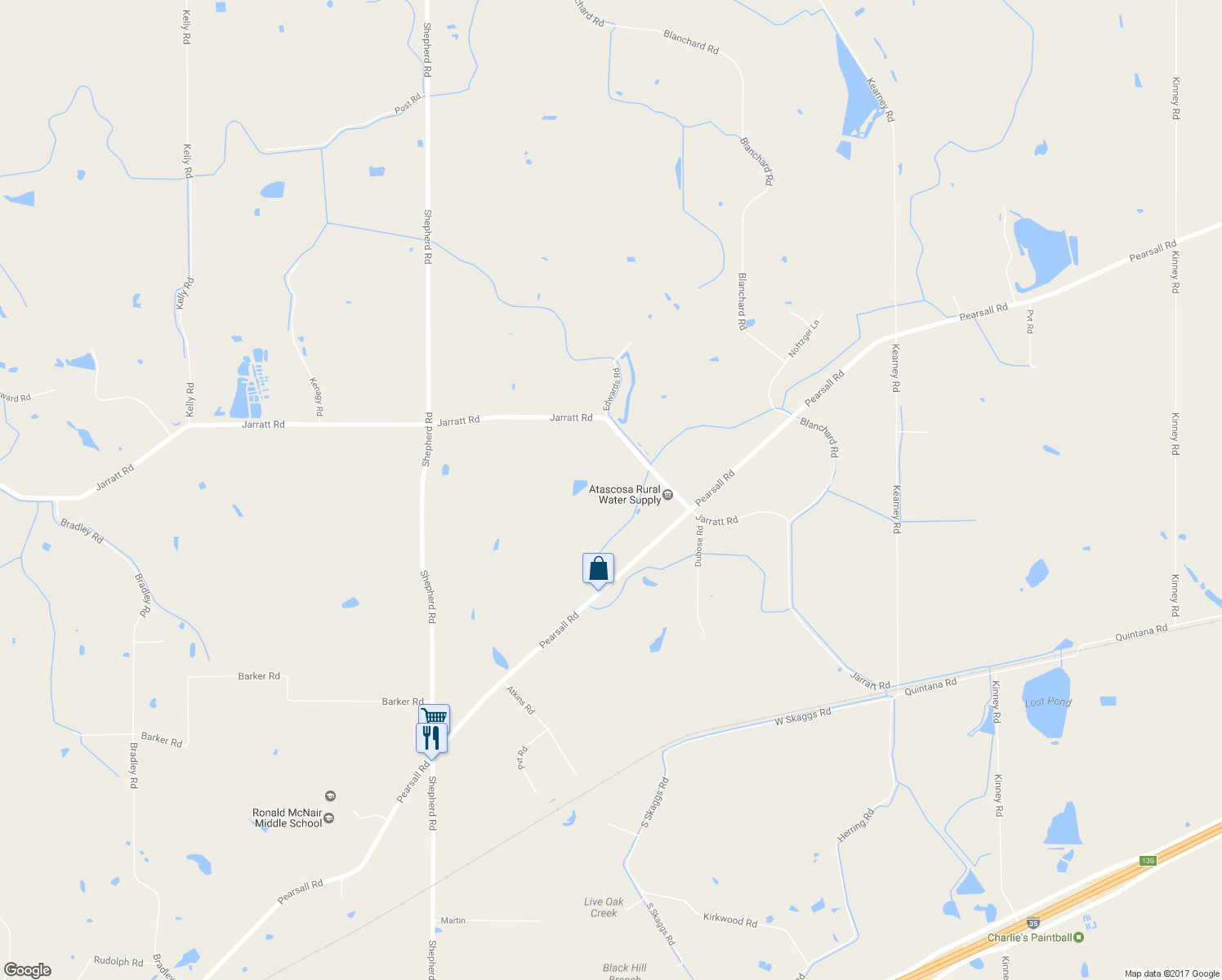map of restaurants, bars, coffee shops, grocery stores, and more near 10970 Jarratt Road in Atascosa