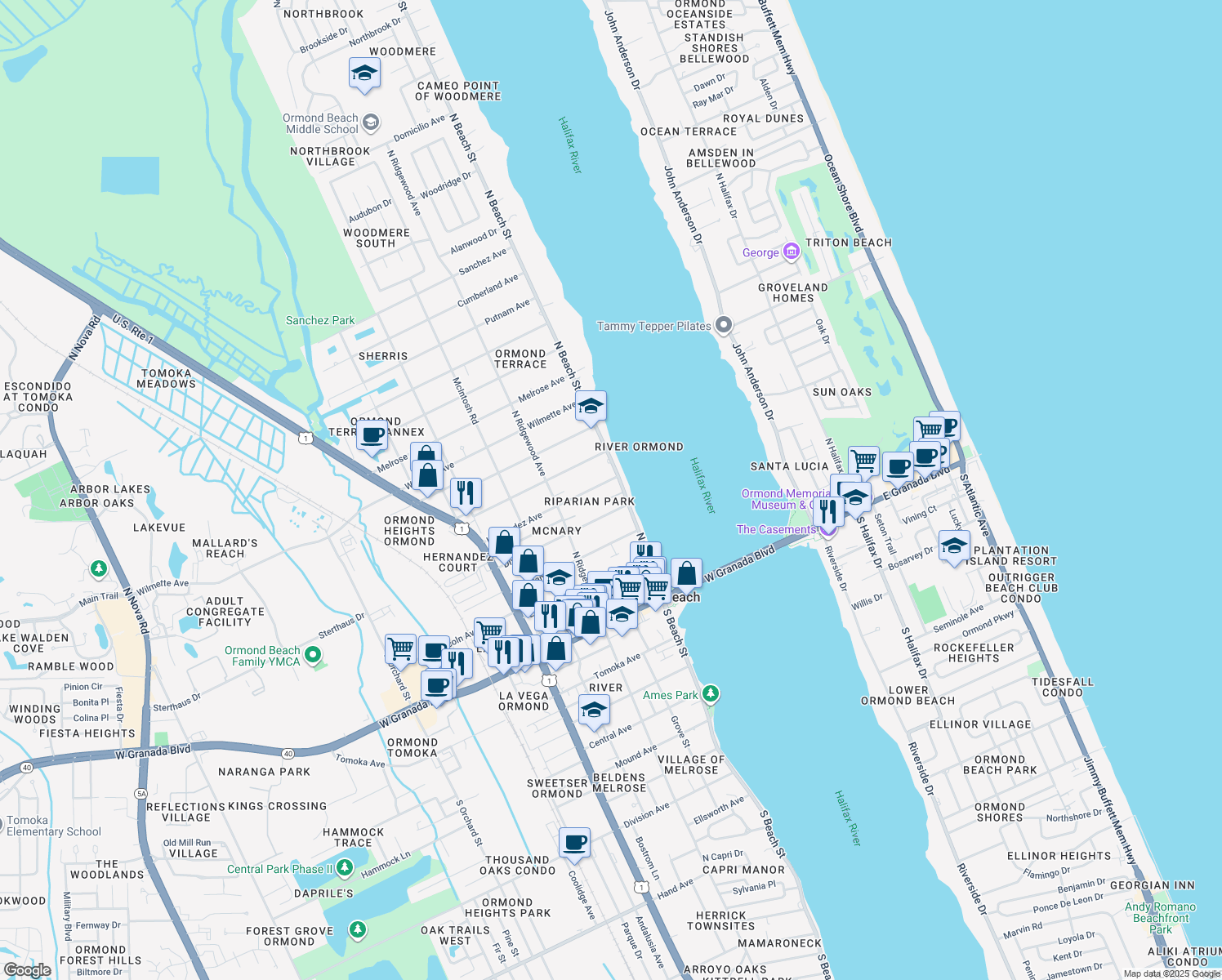 map of restaurants, bars, coffee shops, grocery stores, and more near 16 Hernandez Avenue in Ormond Beach