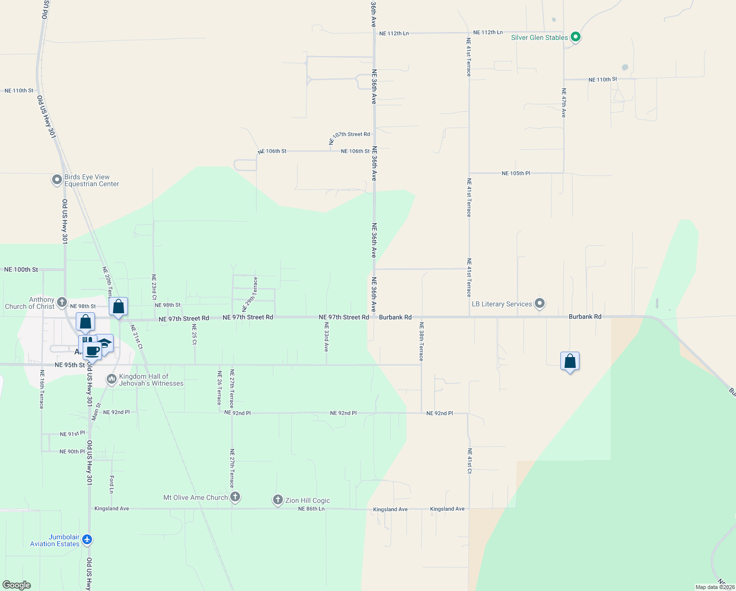map of restaurants, bars, coffee shops, grocery stores, and more near 9880 Northeast 36th Avenue in Anthony