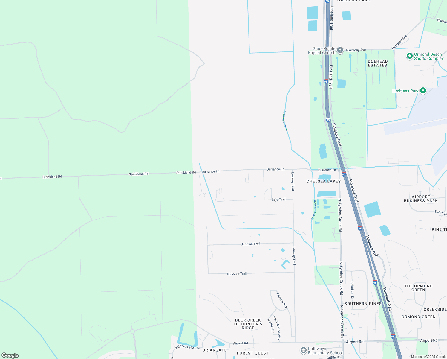 map of restaurants, bars, coffee shops, grocery stores, and more near 2379 Durrance Lane in Ormond Beach