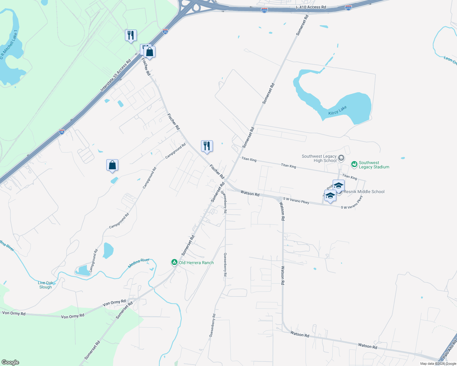 map of restaurants, bars, coffee shops, grocery stores, and more near 13025 Watson Rd in Von Ormy