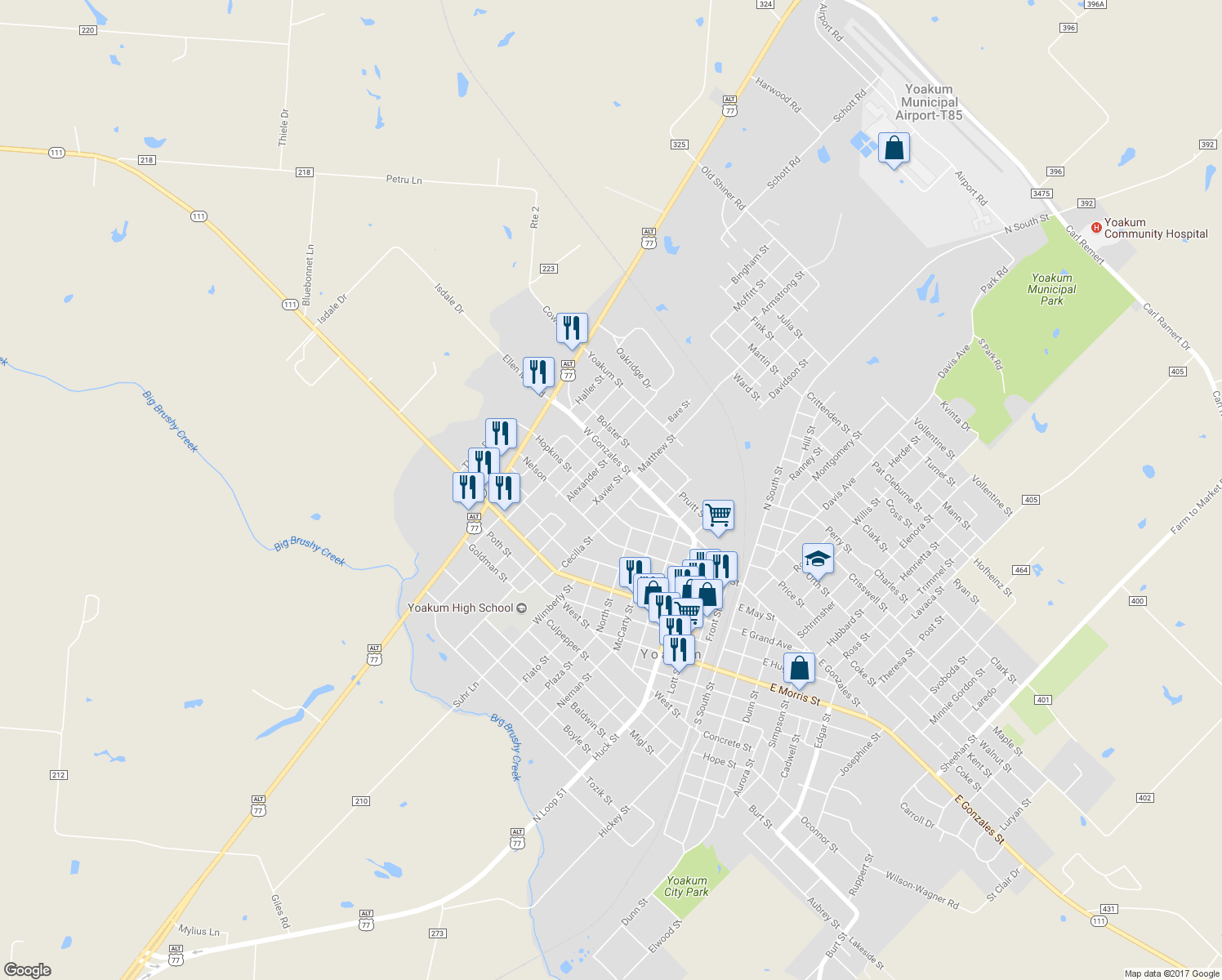 map of restaurants, bars, coffee shops, grocery stores, and more near 114 Xavier Street in Yoakum