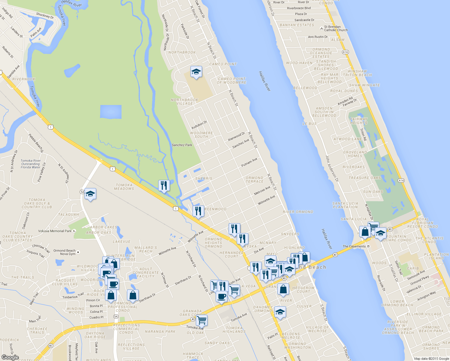 map of restaurants, bars, coffee shops, grocery stores, and more near 514 McIntosh Road in Ormond Beach