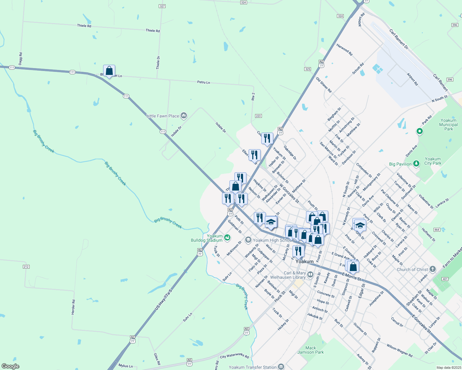 map of restaurants, bars, coffee shops, grocery stores, and more near 111 Thiele Drive in Yoakum