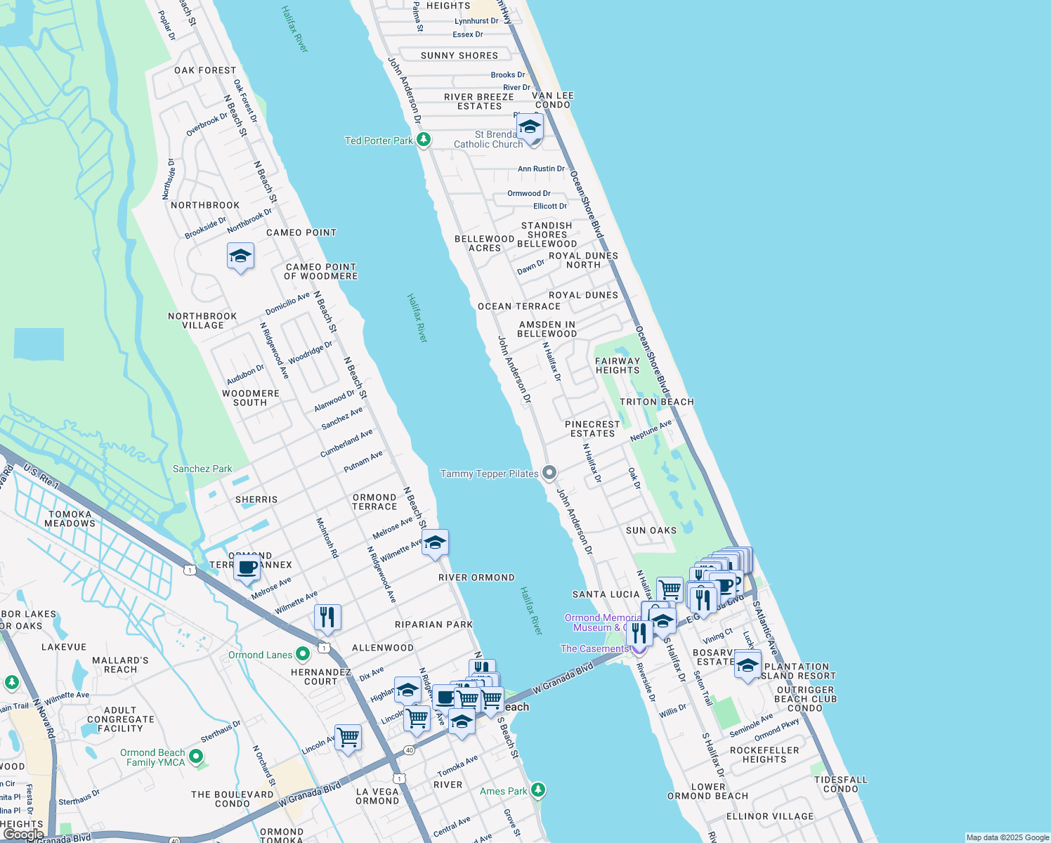 map of restaurants, bars, coffee shops, grocery stores, and more near 488 John Anderson Drive in Ormond Beach