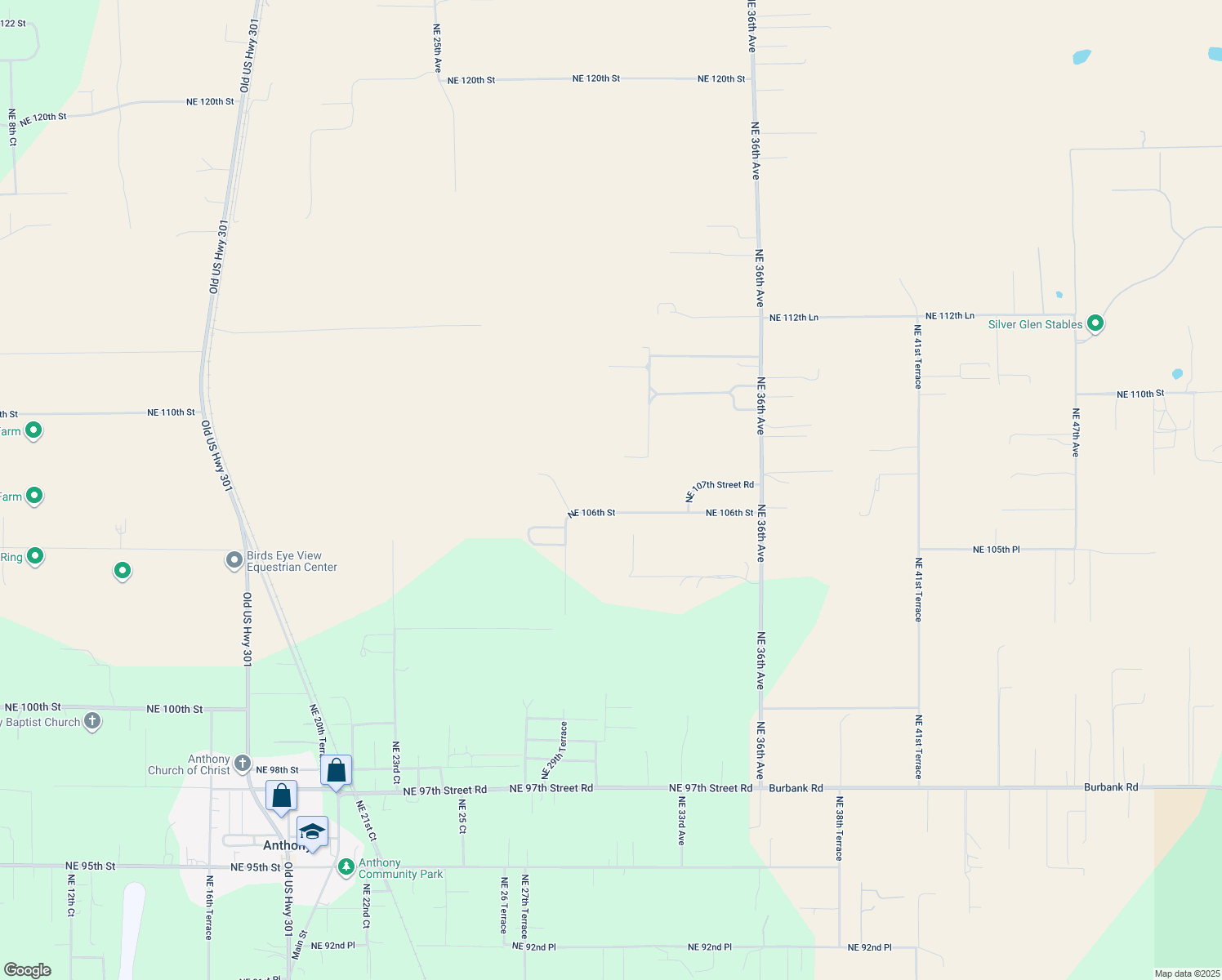map of restaurants, bars, coffee shops, grocery stores, and more near 3055 Northeast 106th Street in Anthony