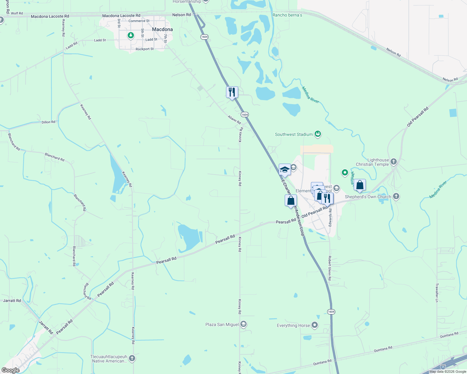map of restaurants, bars, coffee shops, grocery stores, and more near 11706 Kinney Road in Atascosa