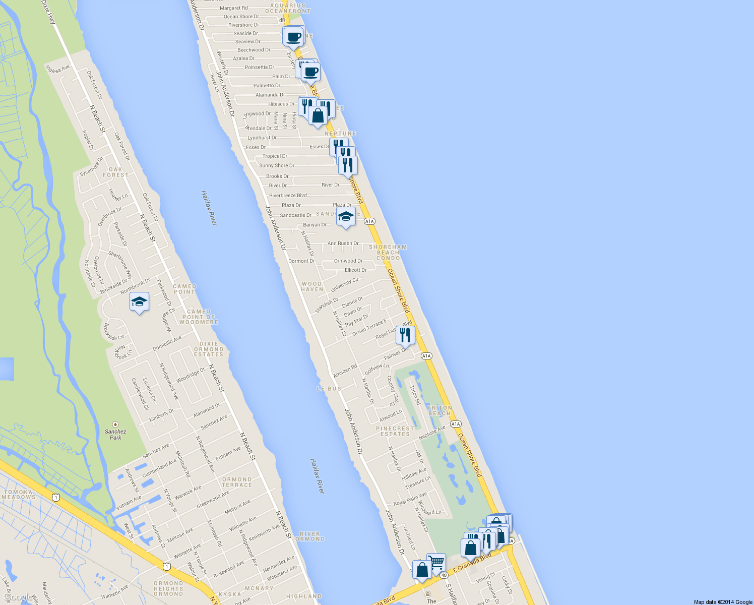 map of restaurants, bars, coffee shops, grocery stores, and more near 738 Alden Dr in Ormond Beach