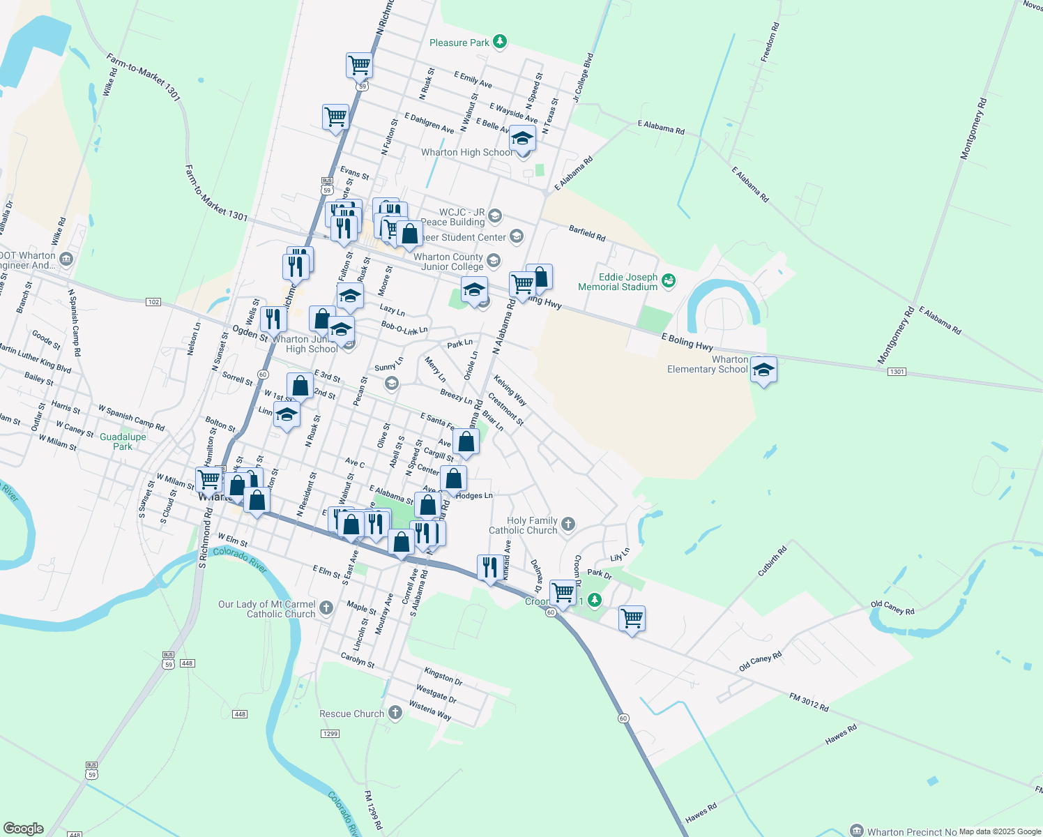 map of restaurants, bars, coffee shops, grocery stores, and more near 1321 Crestmont Street in Wharton