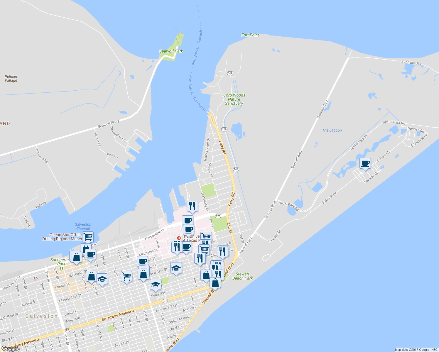 map of restaurants, bars, coffee shops, grocery stores, and more near 118 Albacore Ave in Galveston