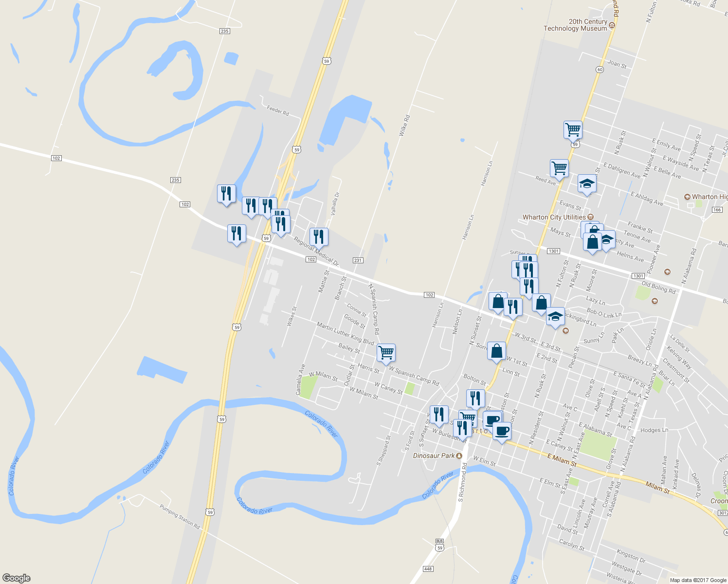 map of restaurants, bars, coffee shops, grocery stores, and more near 1524 Wilson Street in Wharton