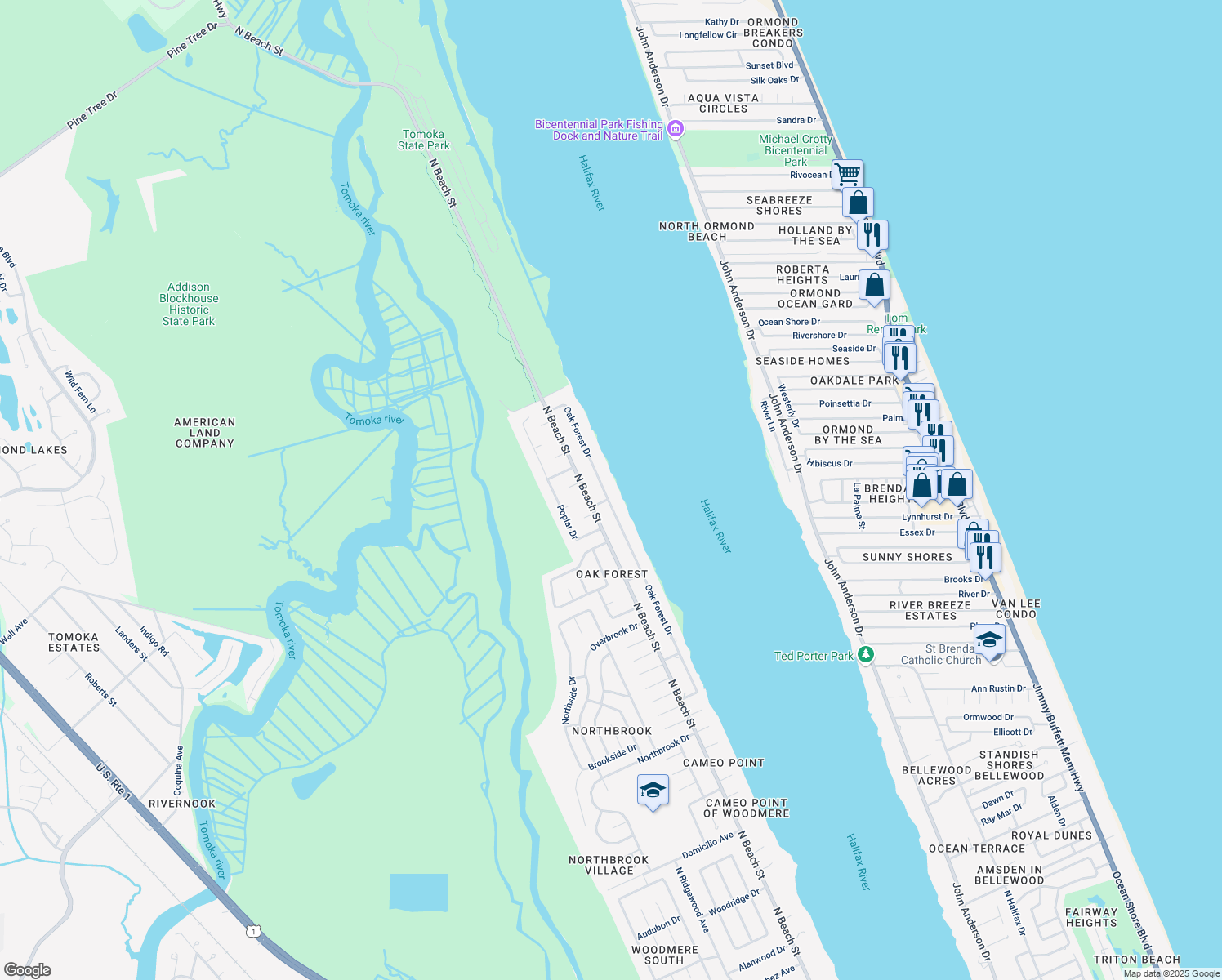 map of restaurants, bars, coffee shops, grocery stores, and more near 1503 Oak Forest Drive in Ormond Beach