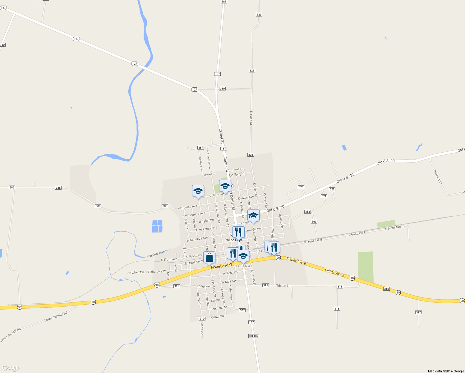 map of restaurants, bars, coffee shops, grocery stores, and more near 1000 North Center Street in Sabinal