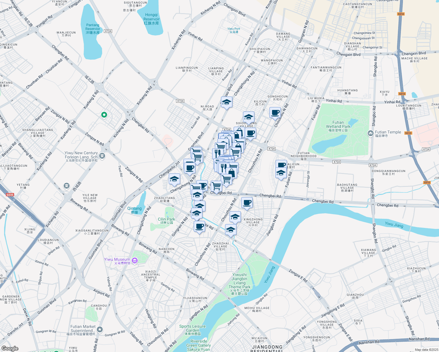 map of restaurants, bars, coffee shops, grocery stores, and more near Gong Ren Bei Lu in Jin Hua Shi