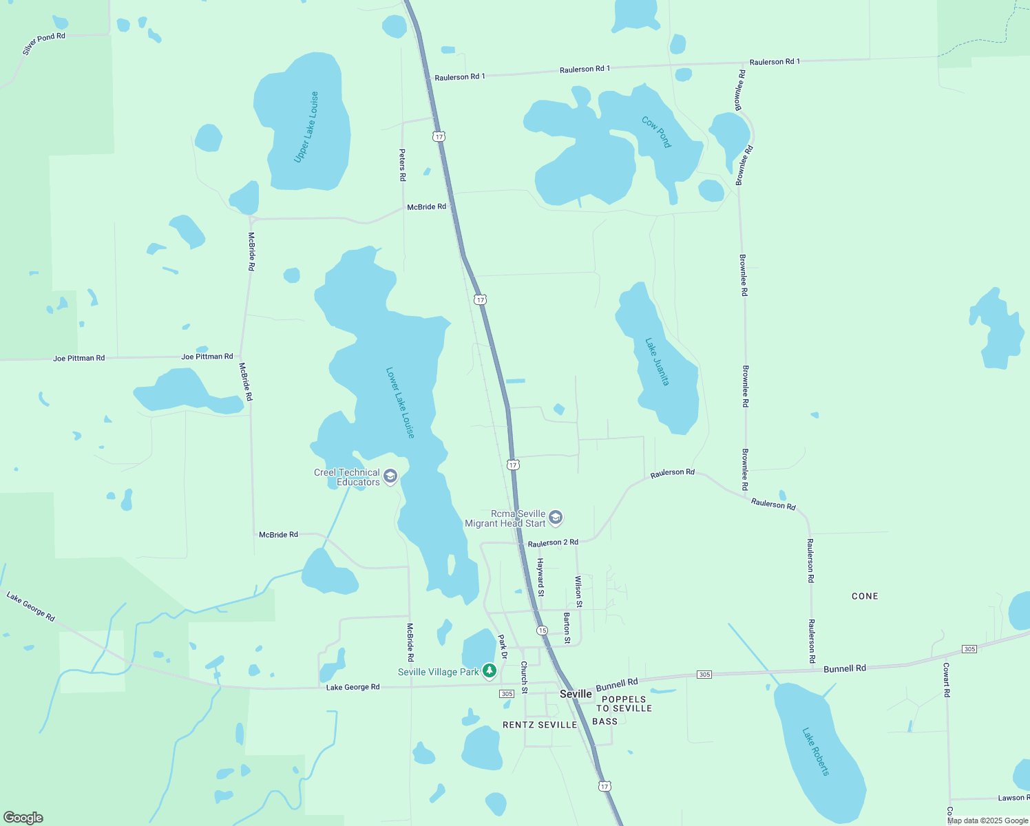 map of restaurants, bars, coffee shops, grocery stores, and more near 2095 U.S. 17 in Seville