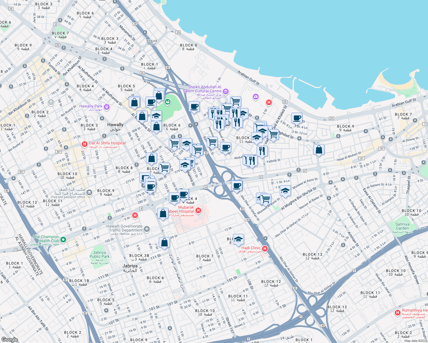 map of restaurants, bars, coffee shops, grocery stores, and more near Fahaheel Expressway in Kuwait City