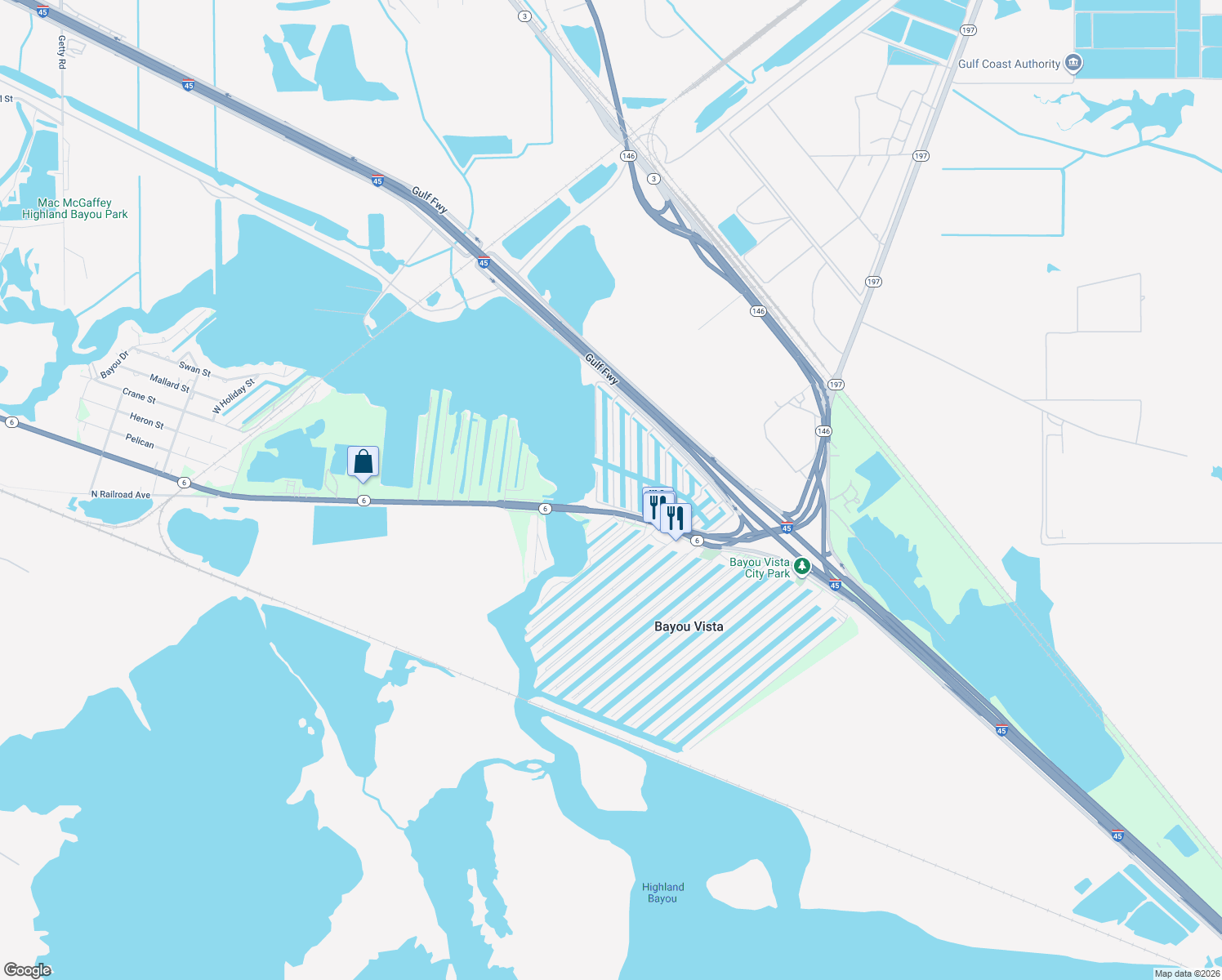 map of restaurants, bars, coffee shops, grocery stores, and more near 5 S Flamingo St in La Marque