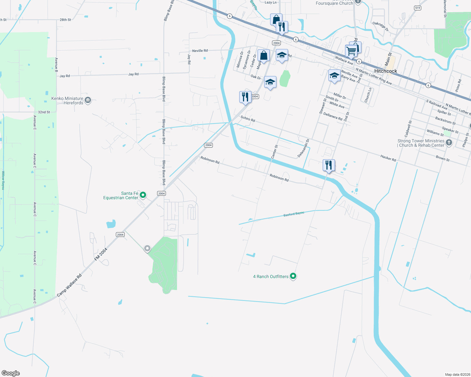 map of restaurants, bars, coffee shops, grocery stores, and more near 8828 Calagna Road in Hitchcock