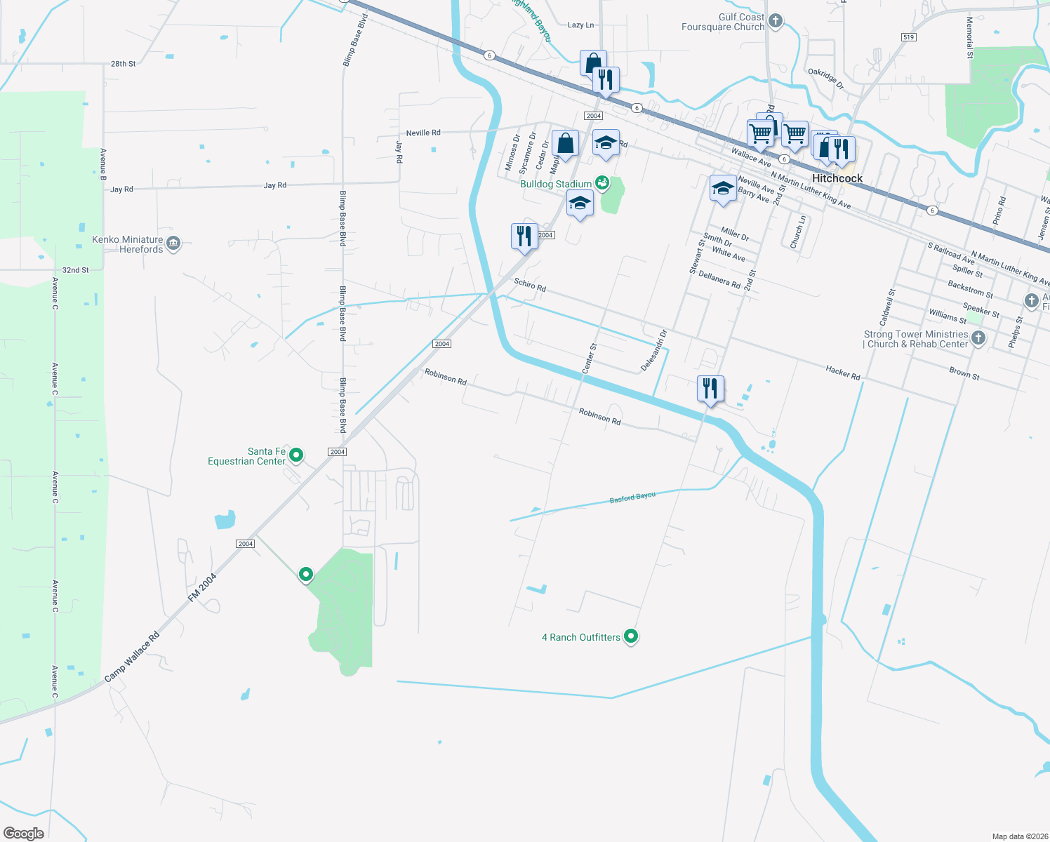 map of restaurants, bars, coffee shops, grocery stores, and more near 8017 Bellwood Dr in Hitchcock