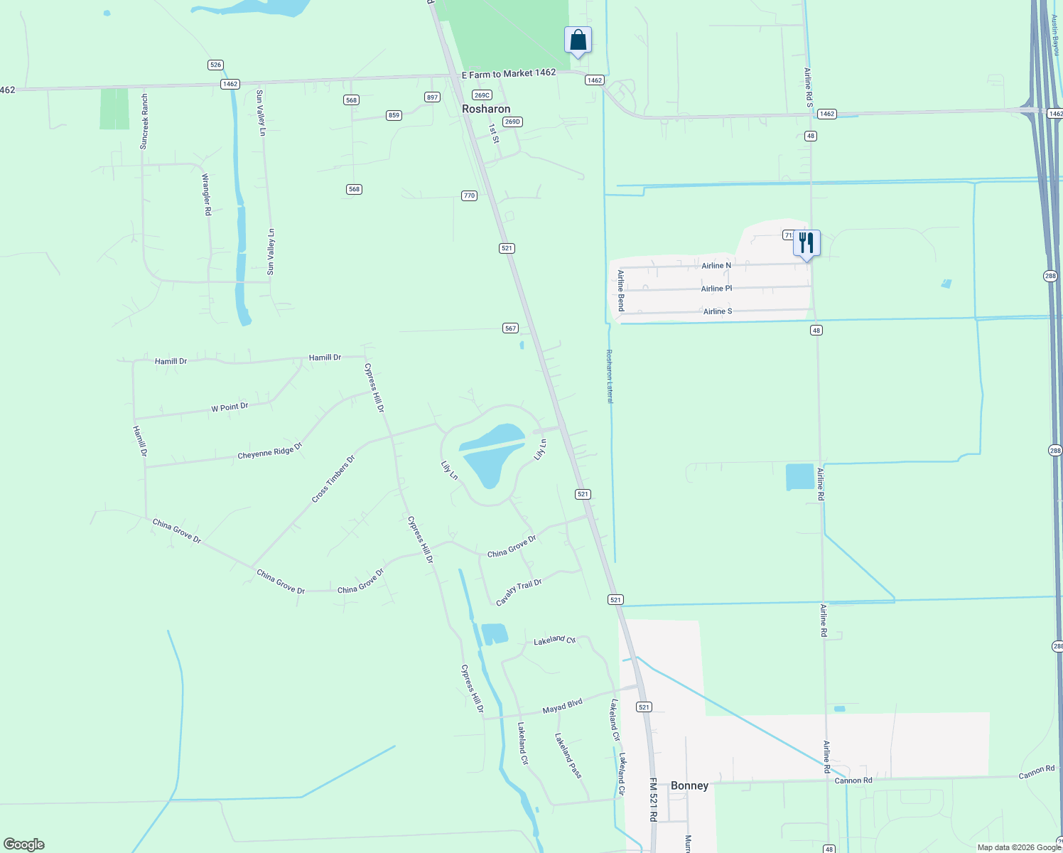 map of restaurants, bars, coffee shops, grocery stores, and more near 103 Lily Ln in Rosharon