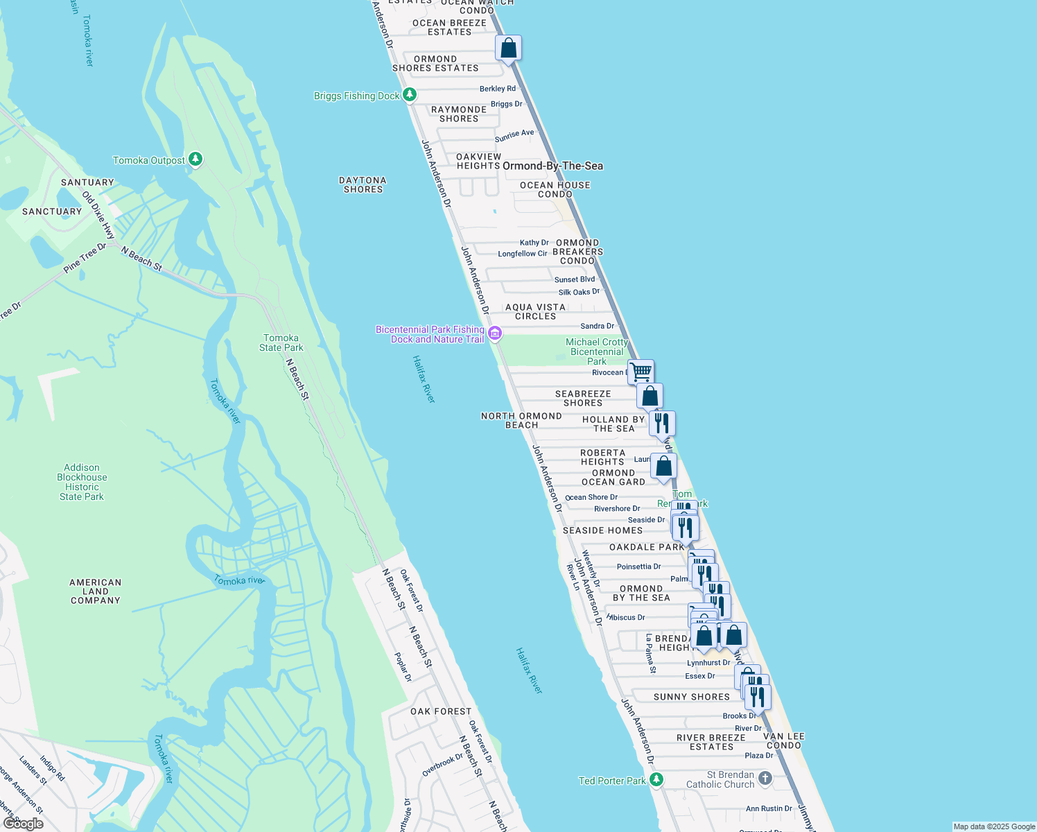 map of restaurants, bars, coffee shops, grocery stores, and more near 1838 John Anderson Drive in Ormond Beach