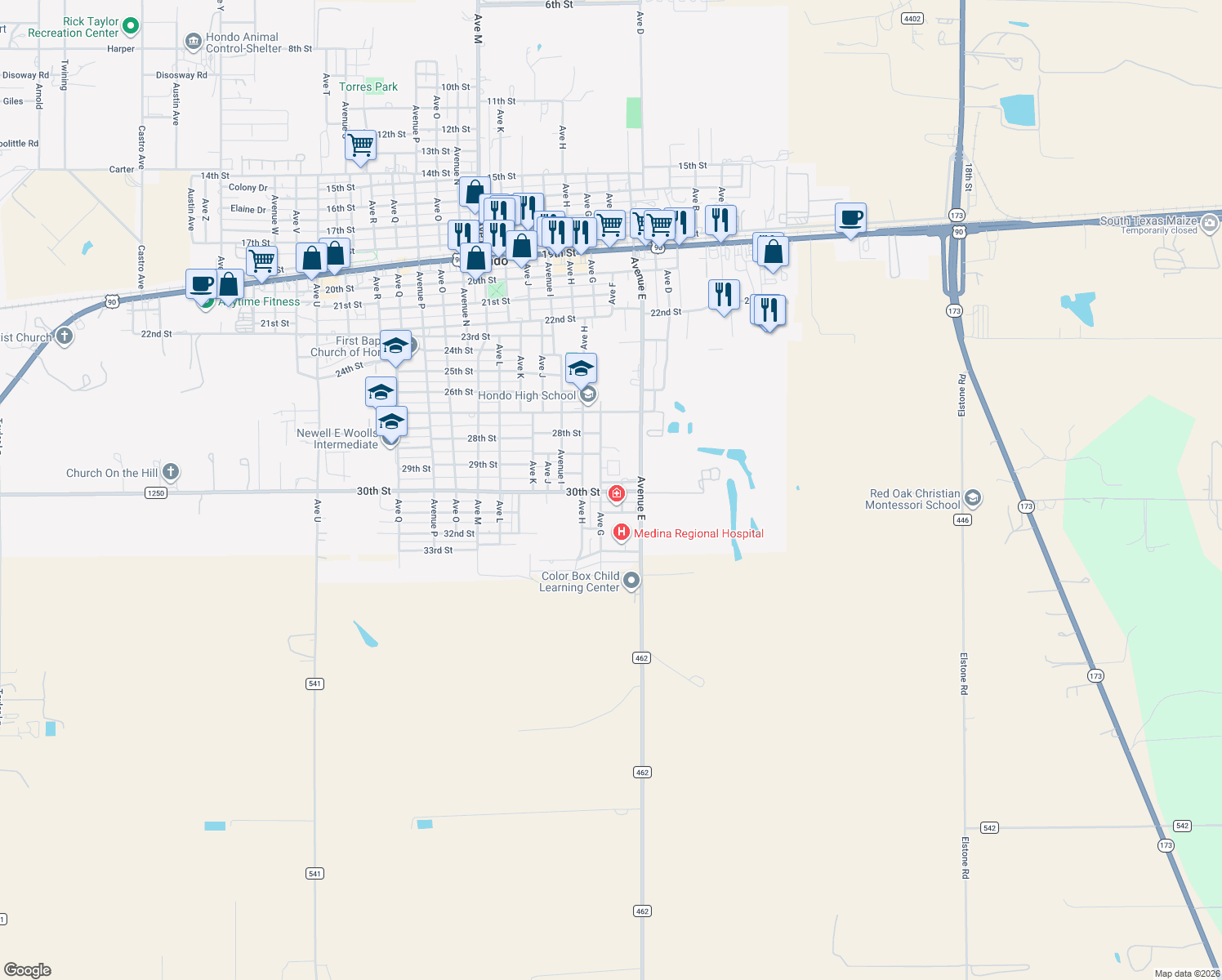 map of restaurants, bars, coffee shops, grocery stores, and more near 604 30th Street in Hondo