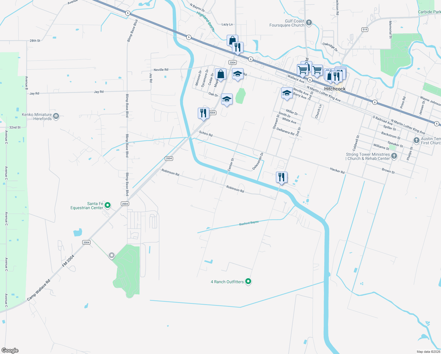 map of restaurants, bars, coffee shops, grocery stores, and more near 8610 Robinson Rd in Hitchcock