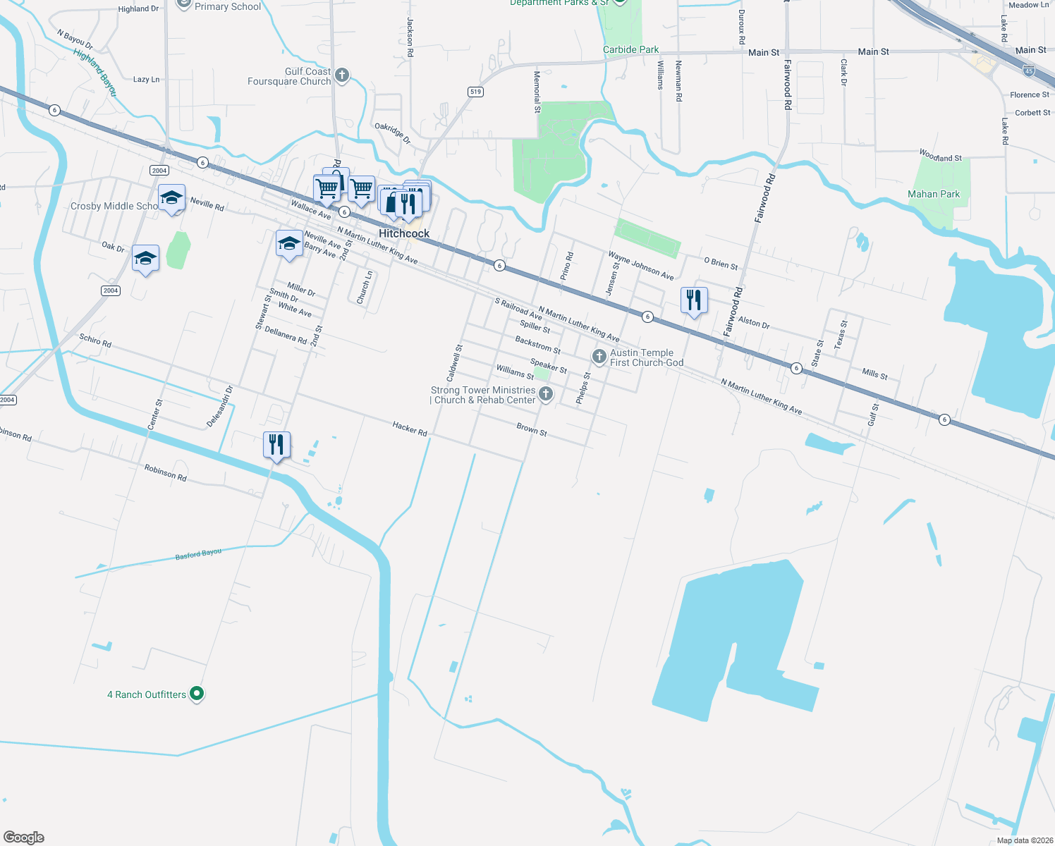 map of restaurants, bars, coffee shops, grocery stores, and more near 7018 Brown St in Hitchcock