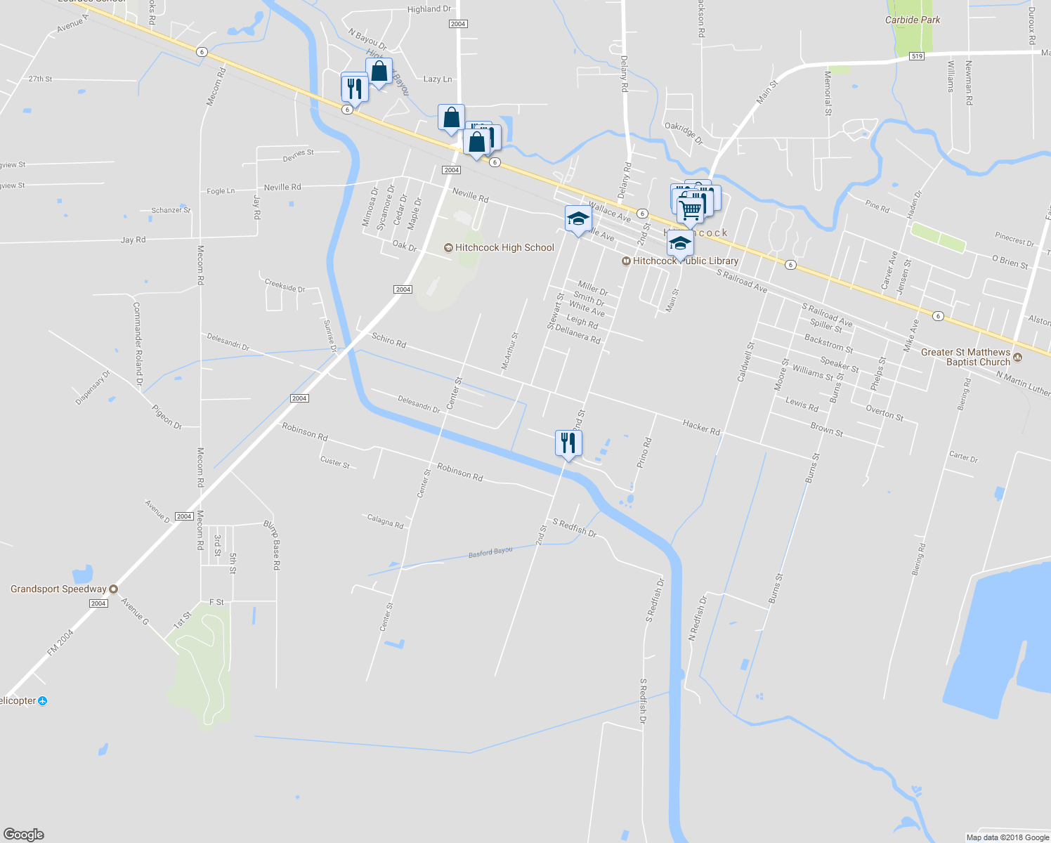 map of restaurants, bars, coffee shops, grocery stores, and more near 8130 Meadowbrook Drive in Hitchcock