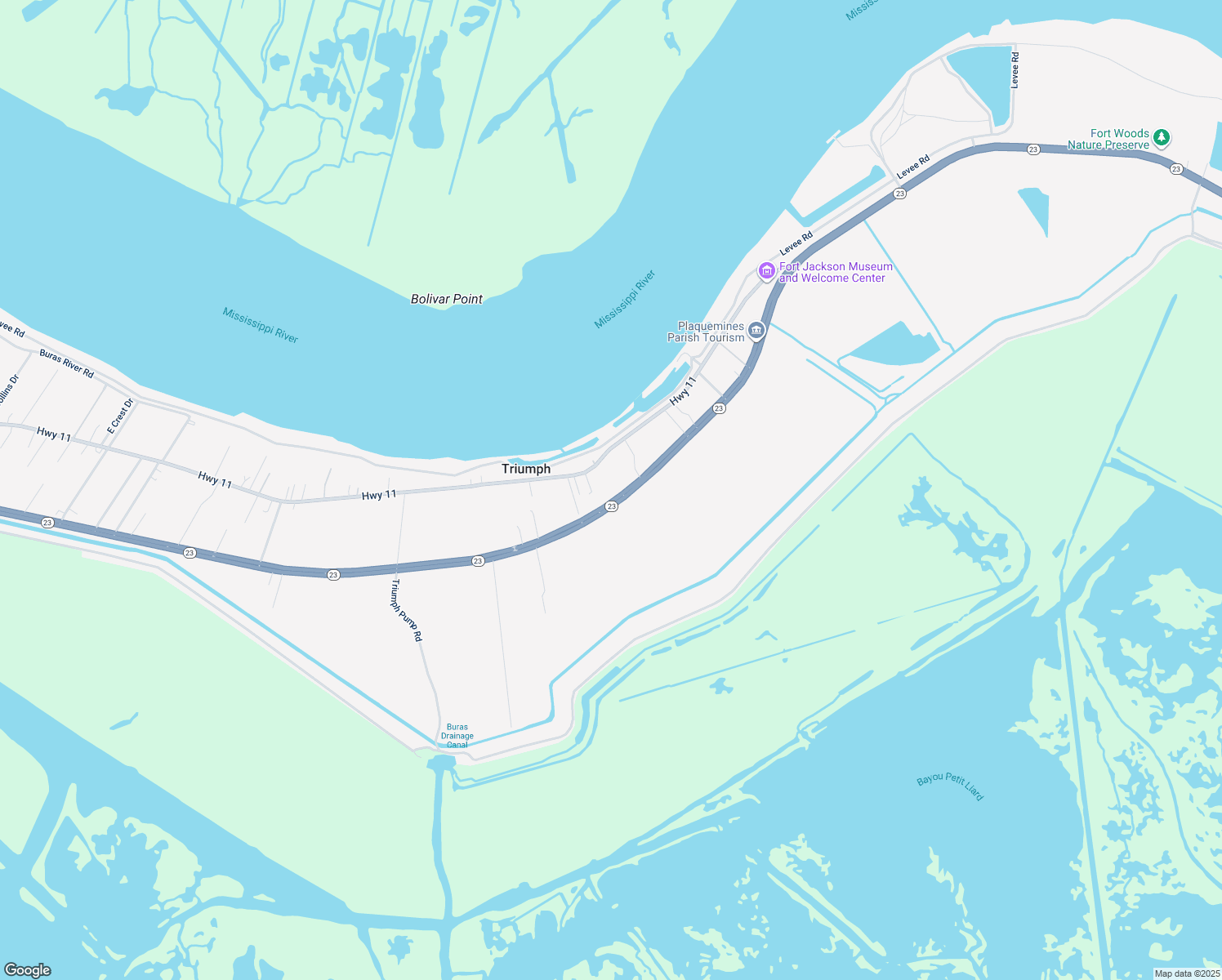 map of restaurants, bars, coffee shops, grocery stores, and more near 37371 Highway 11 in Buras