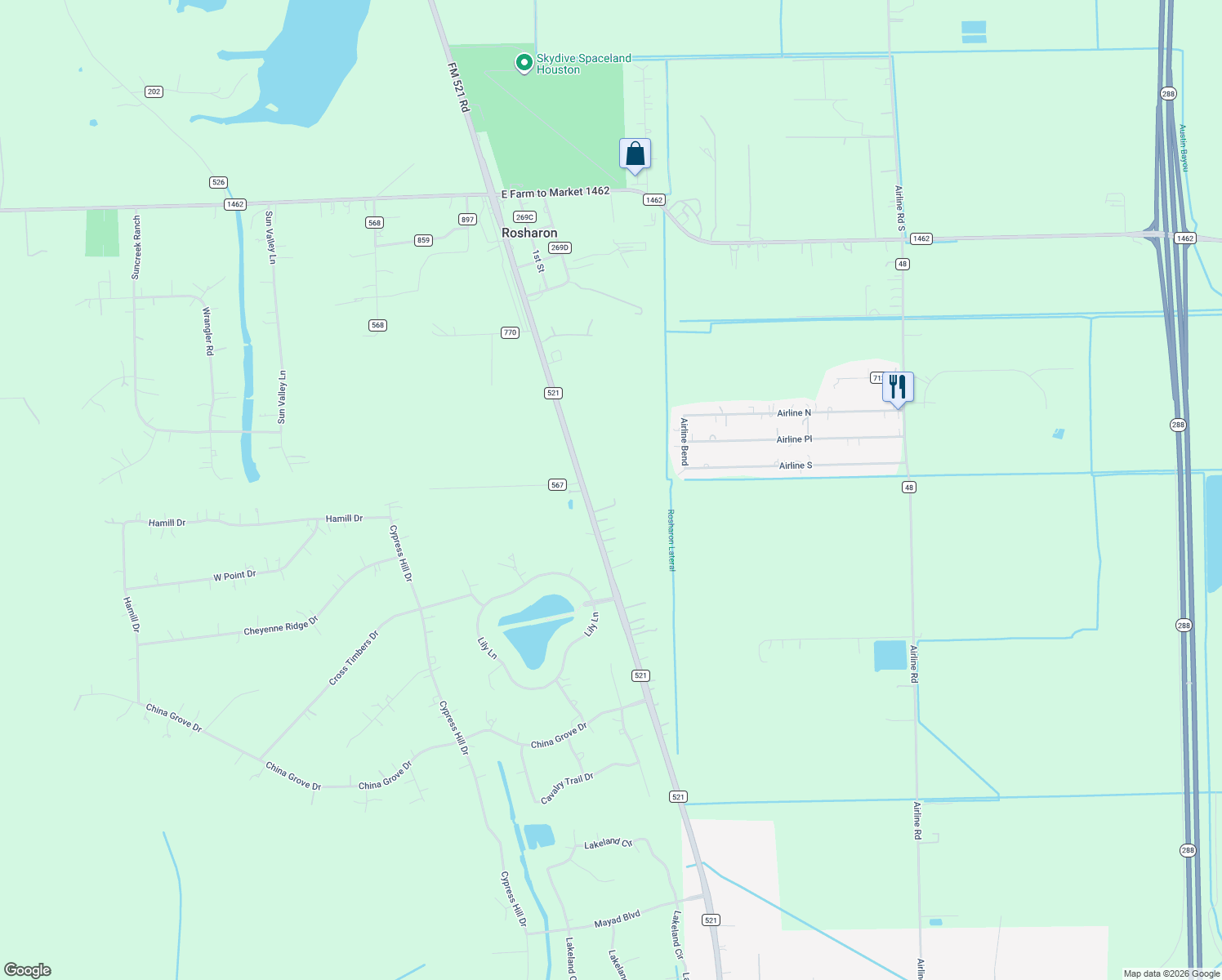 map of restaurants, bars, coffee shops, grocery stores, and more near 17315 Fm 521 Rd in Rosharon