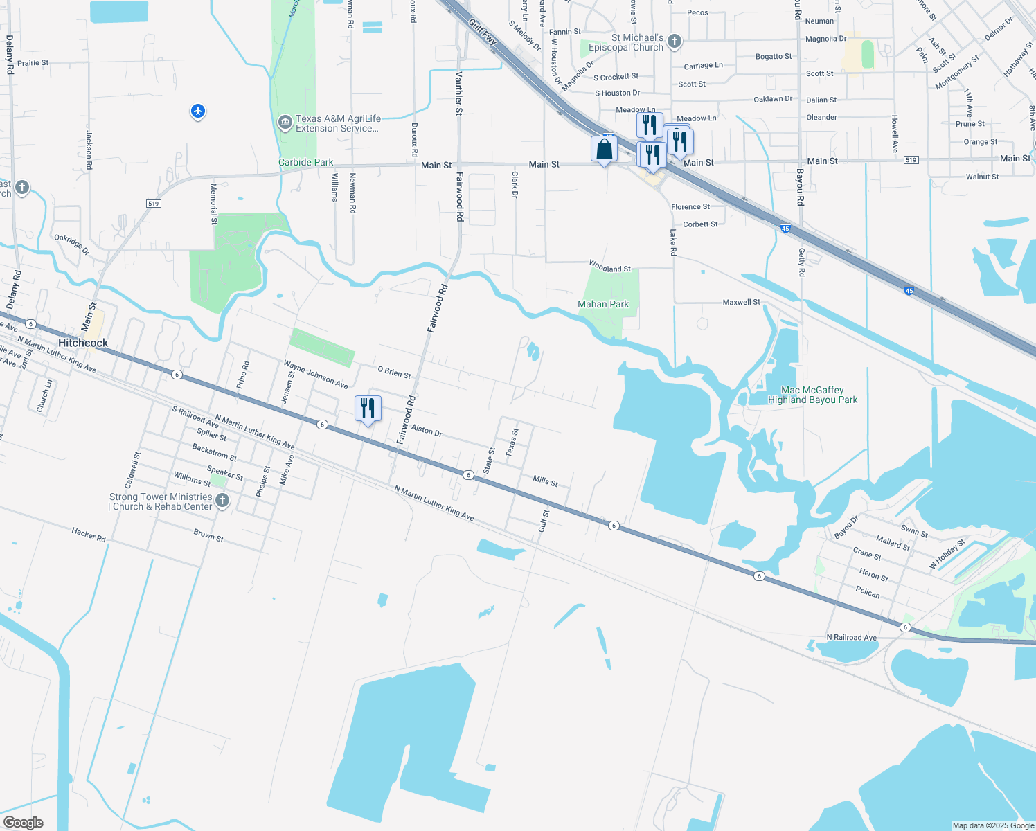 map of restaurants, bars, coffee shops, grocery stores, and more near 6016 Meadowbrook Dr in Hitchcock