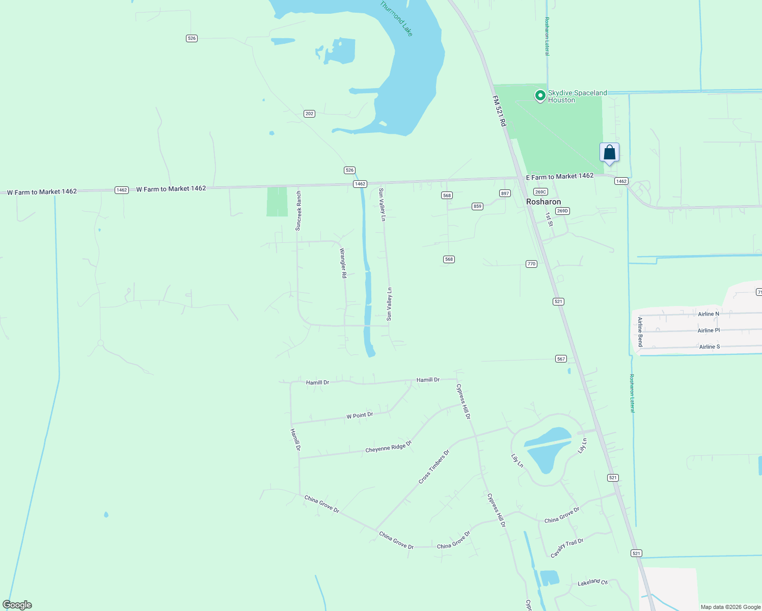 map of restaurants, bars, coffee shops, grocery stores, and more near 16710 Sun Valley Lane in Rosharon