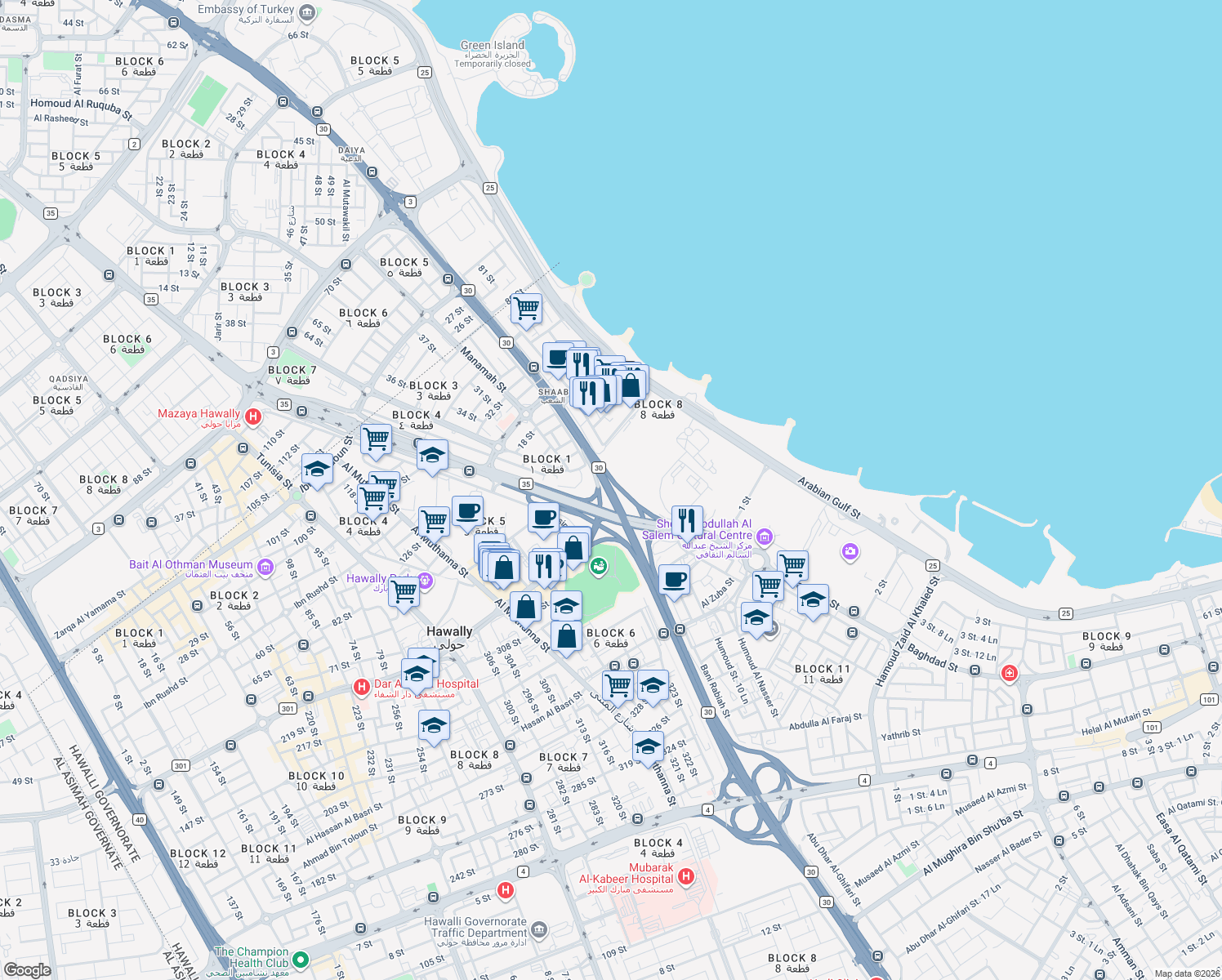 map of restaurants, bars, coffee shops, grocery stores, and more near Fahaheel Expressway in Kuwait City