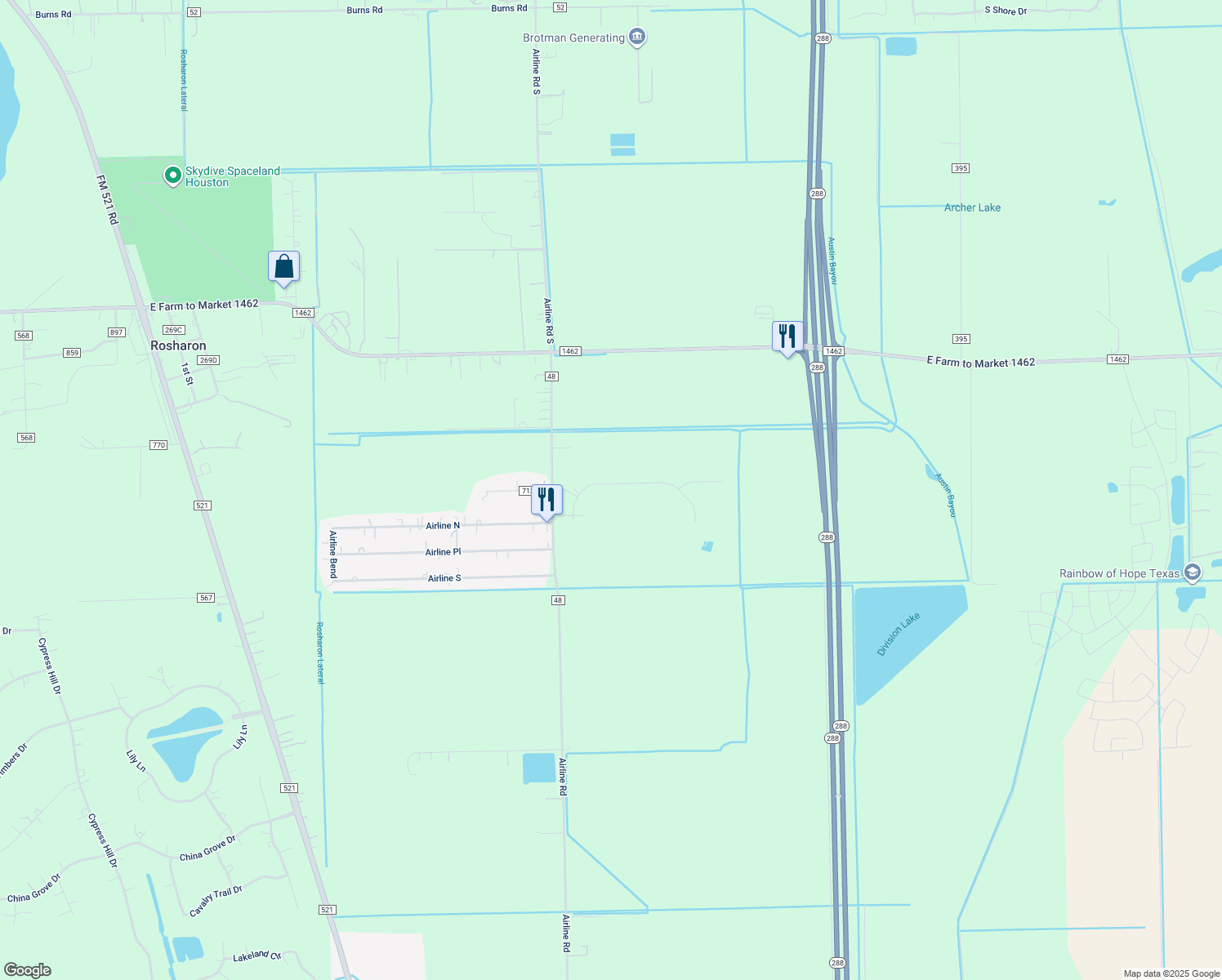map of restaurants, bars, coffee shops, grocery stores, and more near 17102 Lake Ridge Circle in Rosharon