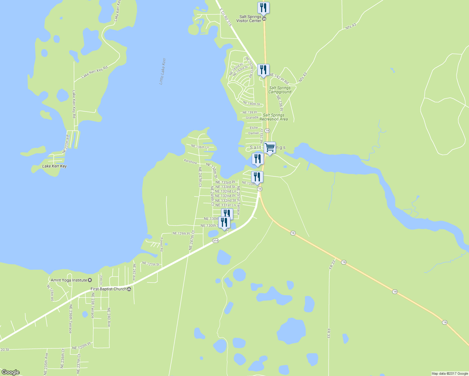 map of restaurants, bars, coffee shops, grocery stores, and more near 25140 Northeast 133rd Street in Salt Springs