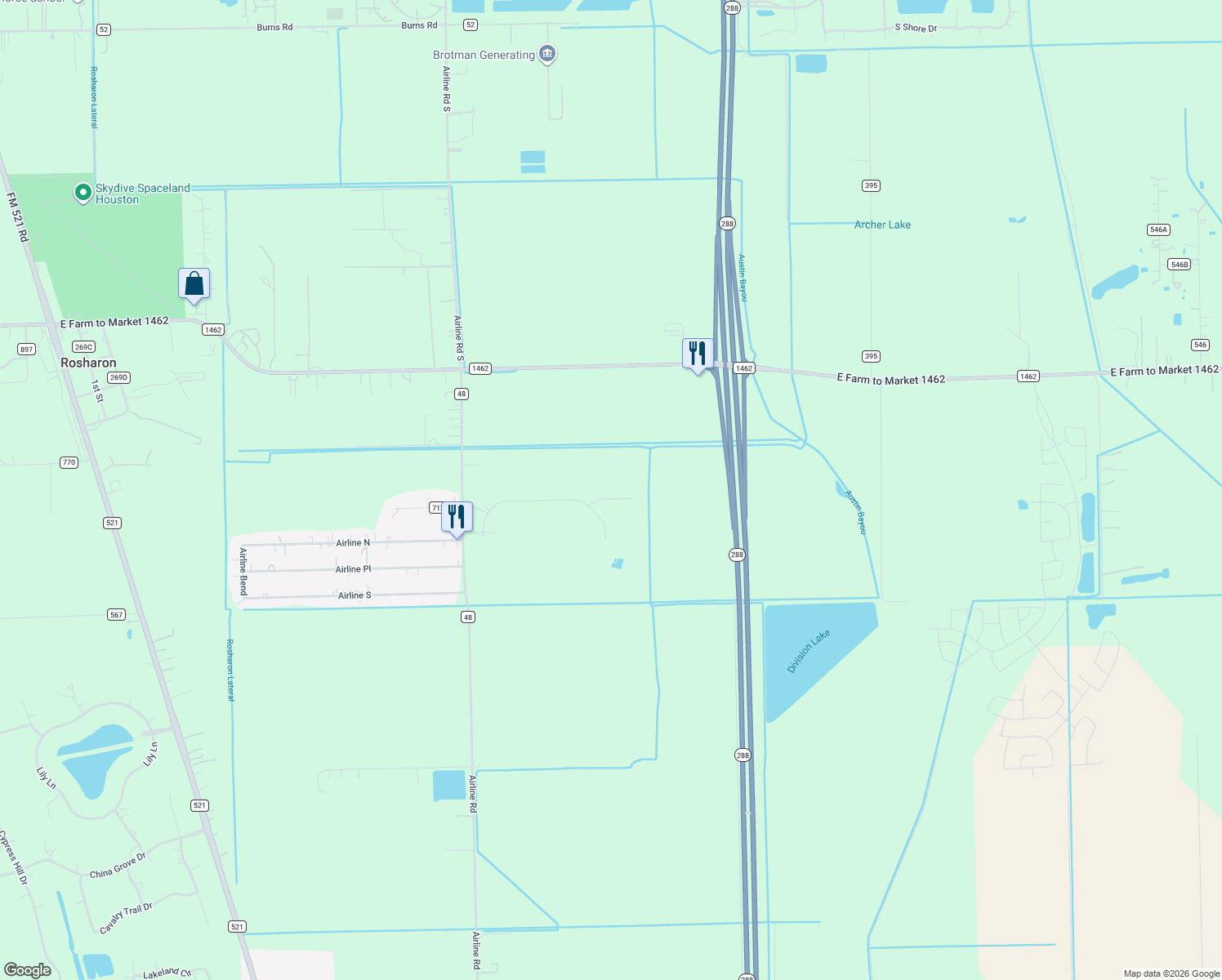 map of restaurants, bars, coffee shops, grocery stores, and more near 2027 Stone Trace Circle in Rosharon