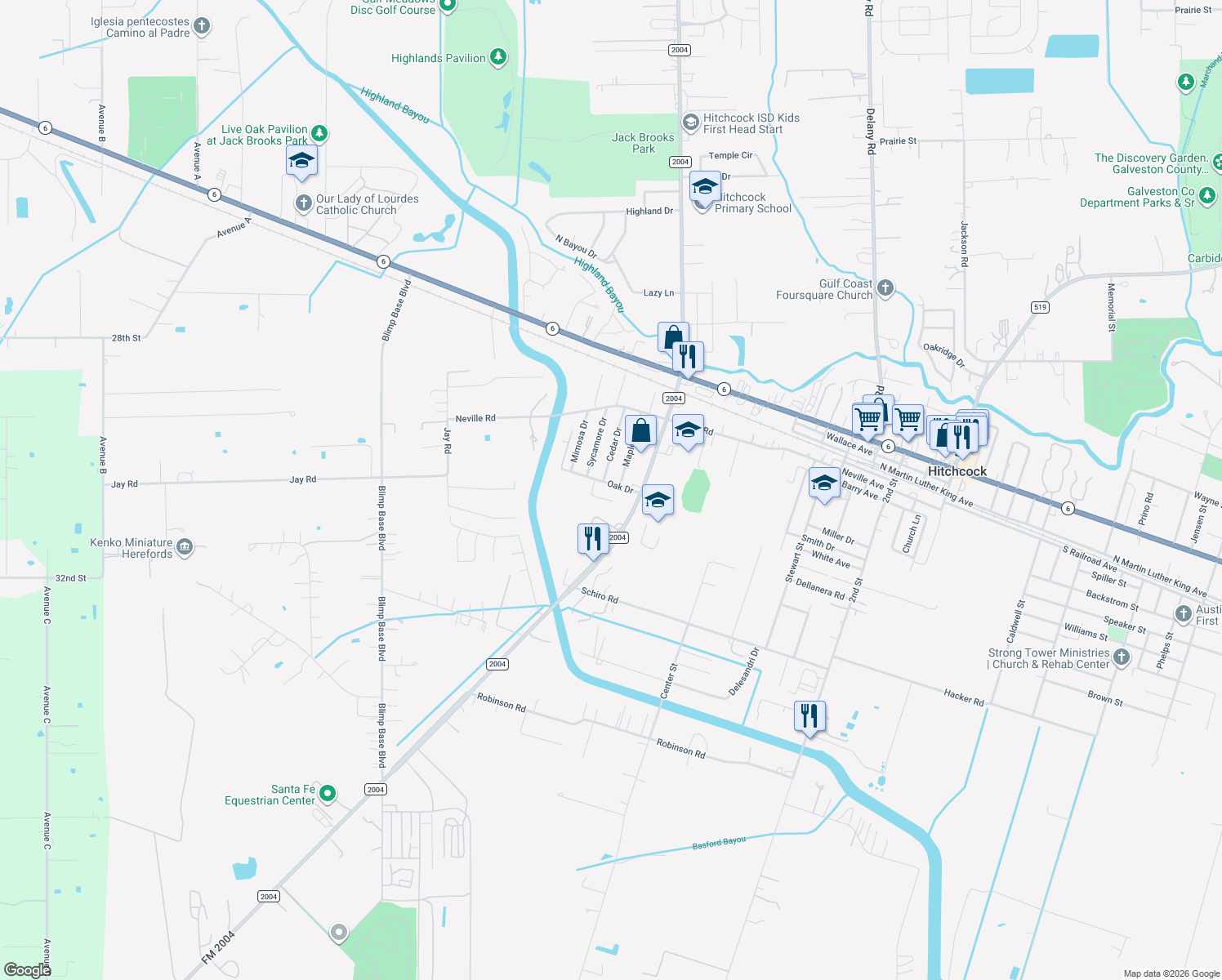 map of restaurants, bars, coffee shops, grocery stores, and more near 1237 Oak Drive in Hitchcock