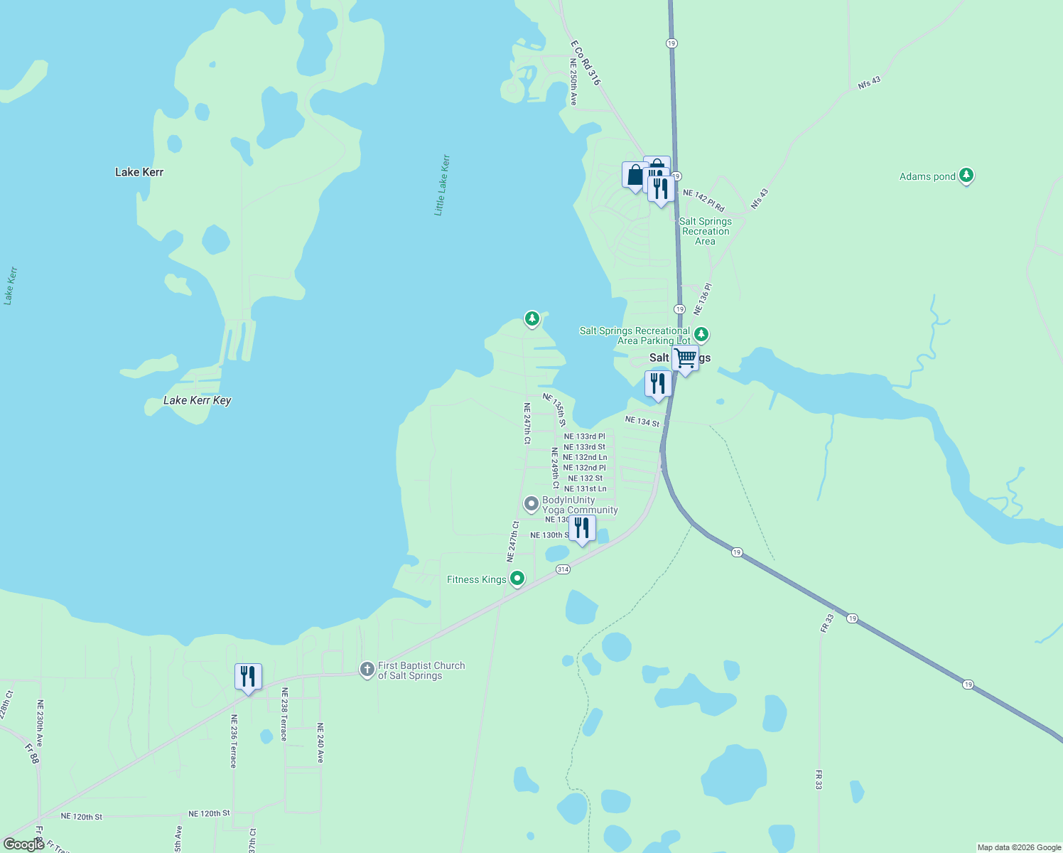 map of restaurants, bars, coffee shops, grocery stores, and more near 13381 Northeast 247th Court in Fort McCoy