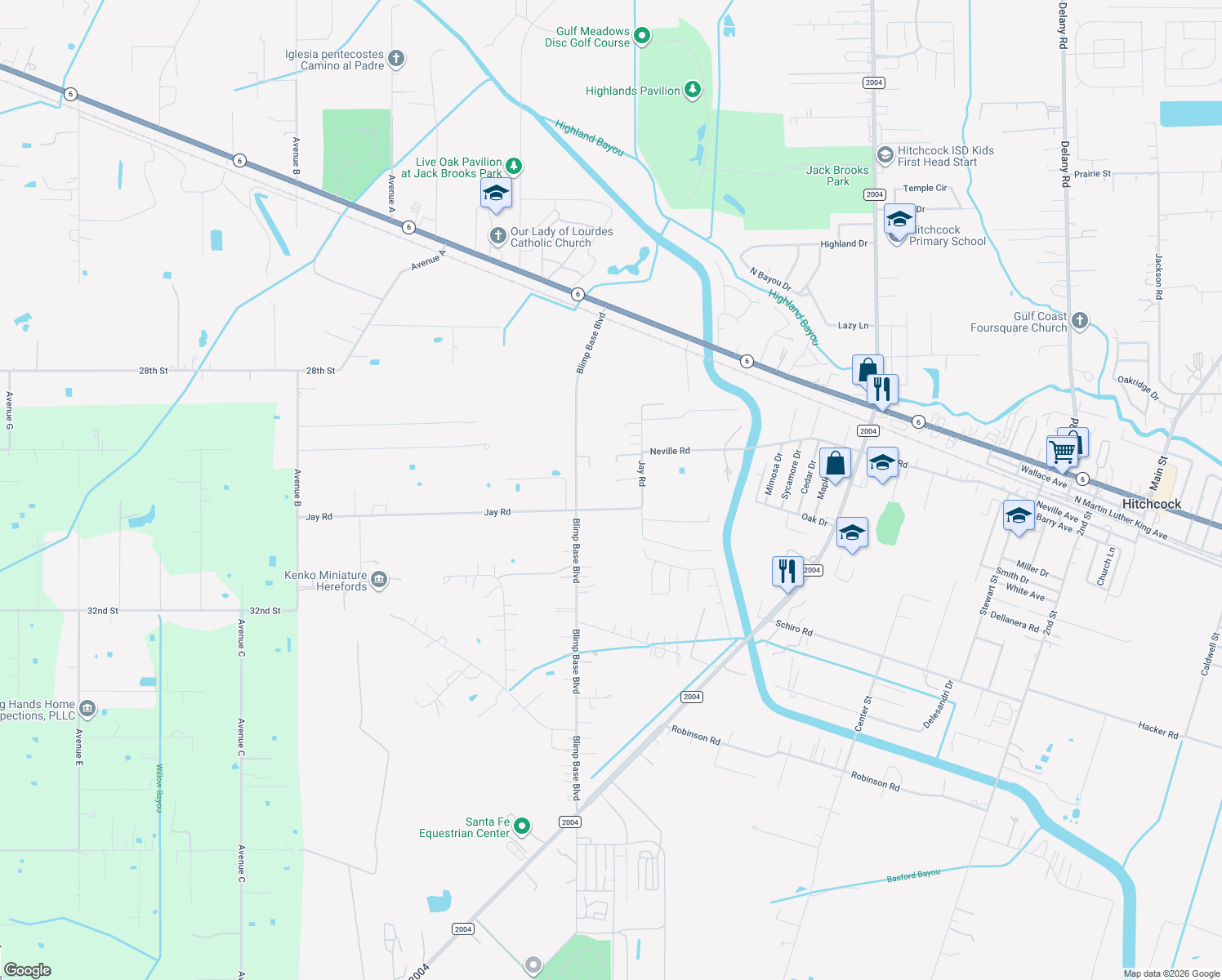 map of restaurants, bars, coffee shops, grocery stores, and more near 6714 Jay Rd in Hitchcock