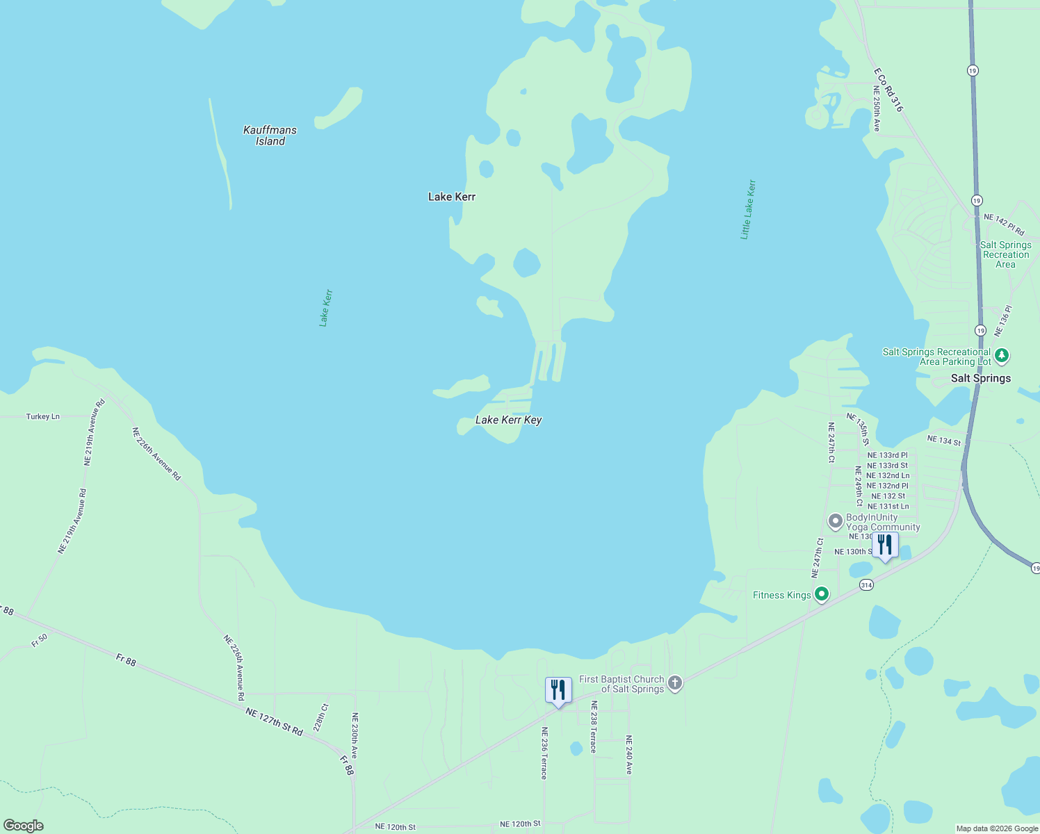 map of restaurants, bars, coffee shops, grocery stores, and more near 23693 Northeast 134th Lane Road in Salt Springs