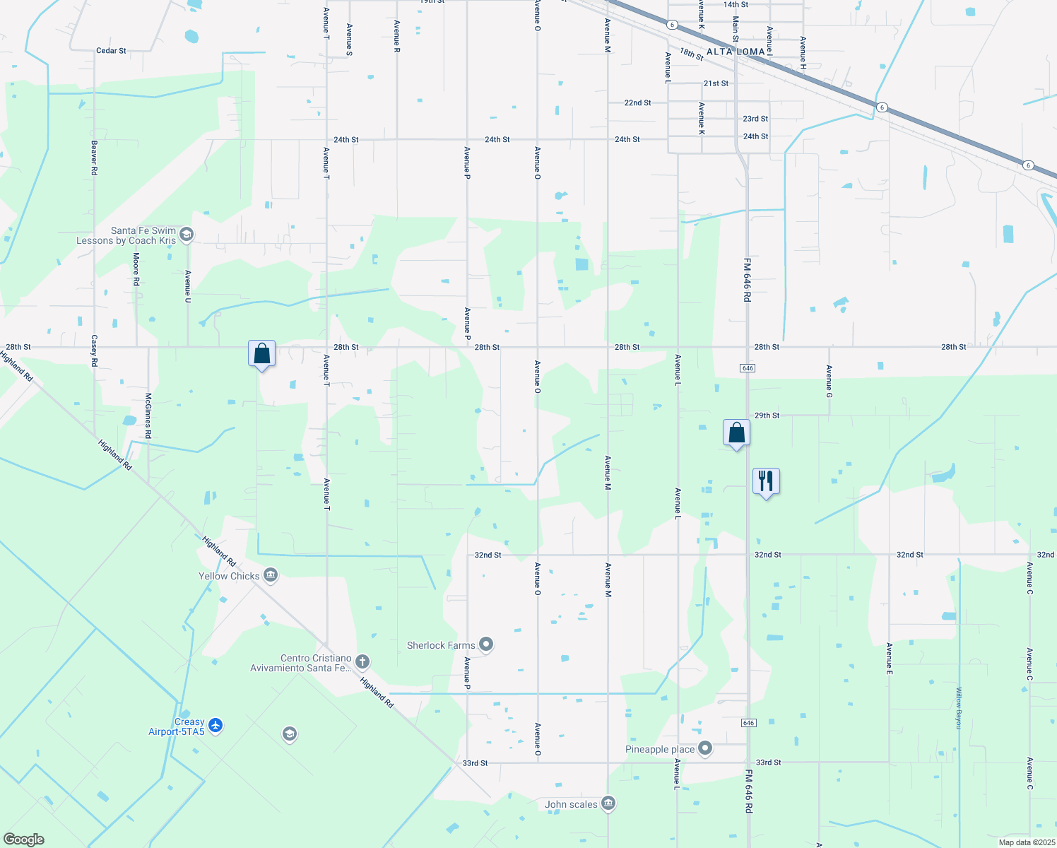 map of restaurants, bars, coffee shops, grocery stores, and more near 6428 Avenue O in Santa Fe