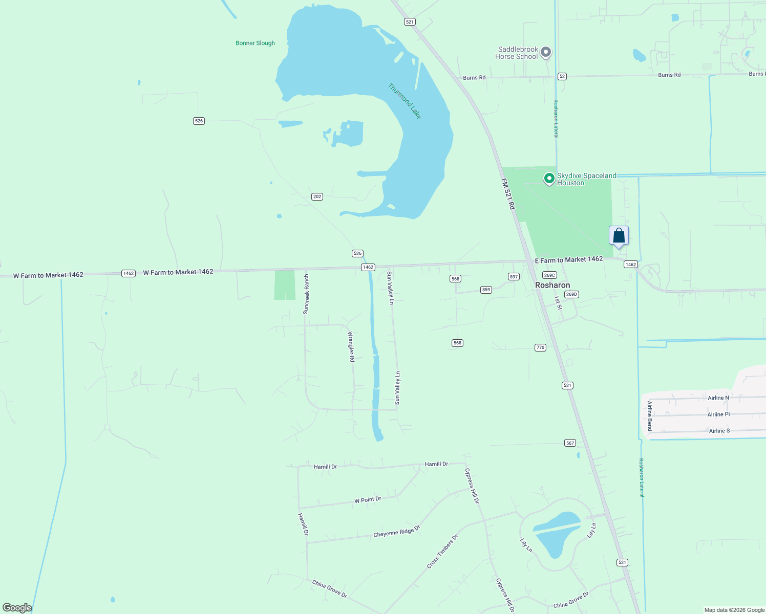 map of restaurants, bars, coffee shops, grocery stores, and more near 16310 Sun Valley Ln in Rosharon