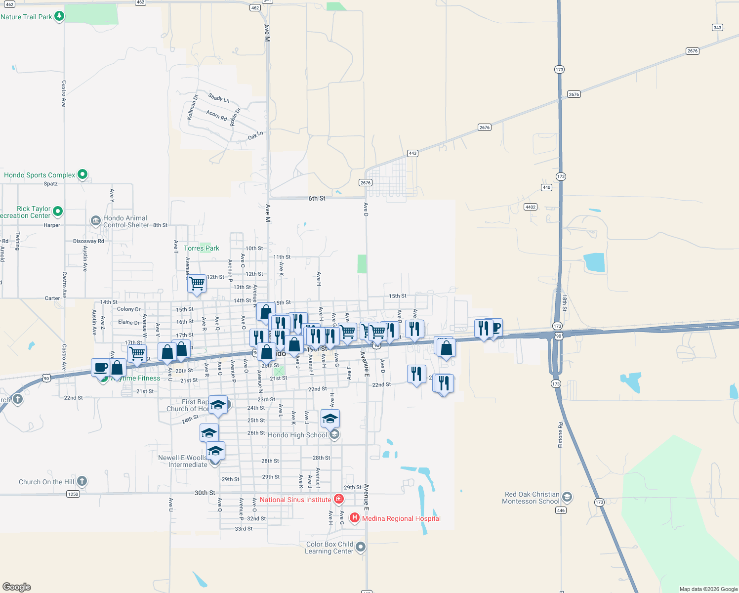 map of restaurants, bars, coffee shops, grocery stores, and more near 402 15th Street in Hondo