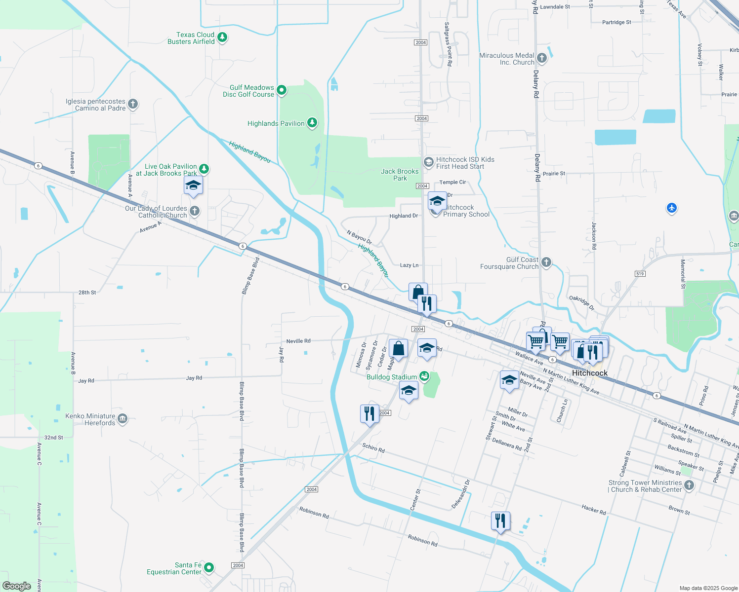 map of restaurants, bars, coffee shops, grocery stores, and more near 9214 Highway 6 in Hitchcock